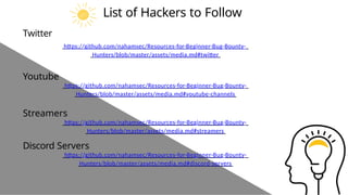 List of Hackers to Follow
Twitter
https://github.com/nahamsec/Resources-for-Beginner-Bug-Bounty-
Hunters/blob/master/assets/media.md#twitter
Youtube
https://github.com/nahamsec/Resources-for-Beginner-Bug-Bounty-
Hunters/blob/master/assets/media.md#youtube-channels
Streamers
https://github.com/nahamsec/Resources-for-Beginner-Bug-Bounty-
Hunters/blob/master/assets/media.md#streamers
Discord Servers
https://github.com/nahamsec/Resources-for-Beginner-Bug-Bounty-
Hunters/blob/master/assets/media.md#discord-servers
 