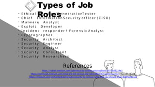 Types of Job
Roles
- E t h i c a l H a c k e r / P e n e t r a t i o nT e s t e r
- C h i e f I n f o r m a t i o n S e c u r i t y o f f i c e r ( C I S O )
- M a l w a r e A n a l y s t
- E x p l o i t D e v e l o p e r
- I n c i d e n t r e s p o n d e r / F o r e n s i c A n a l y s t
- C r y p t o g r a p h e r
- S e c u r i t y A r c h i t e c t
- S e c u r i t y E n g i n e e r
- S e c u r i t y A n a l y s t
- S e c u r i t y C o n s u l t a n t
- S e c u r i t y R e s e a r c h e r s
References
https://vickieli.medium.com/cybersecurity-careers-your-options-8999bd8254e5
https://somyt536.medium.com/what-are-the-various-job-roles-offered-in-cybersecurity-942d5885170c
https://medium.com/@shankarbala95/cybersecurity-its-various-roles-that-you-should-know-8d8f1ef6e1cd
 