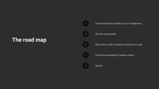 Choose a target just like you do in bugbounty
Set the code locally
Move from code to feature or feature to code
Found a vulnerabiity? Create a report
Submit
The road map
 