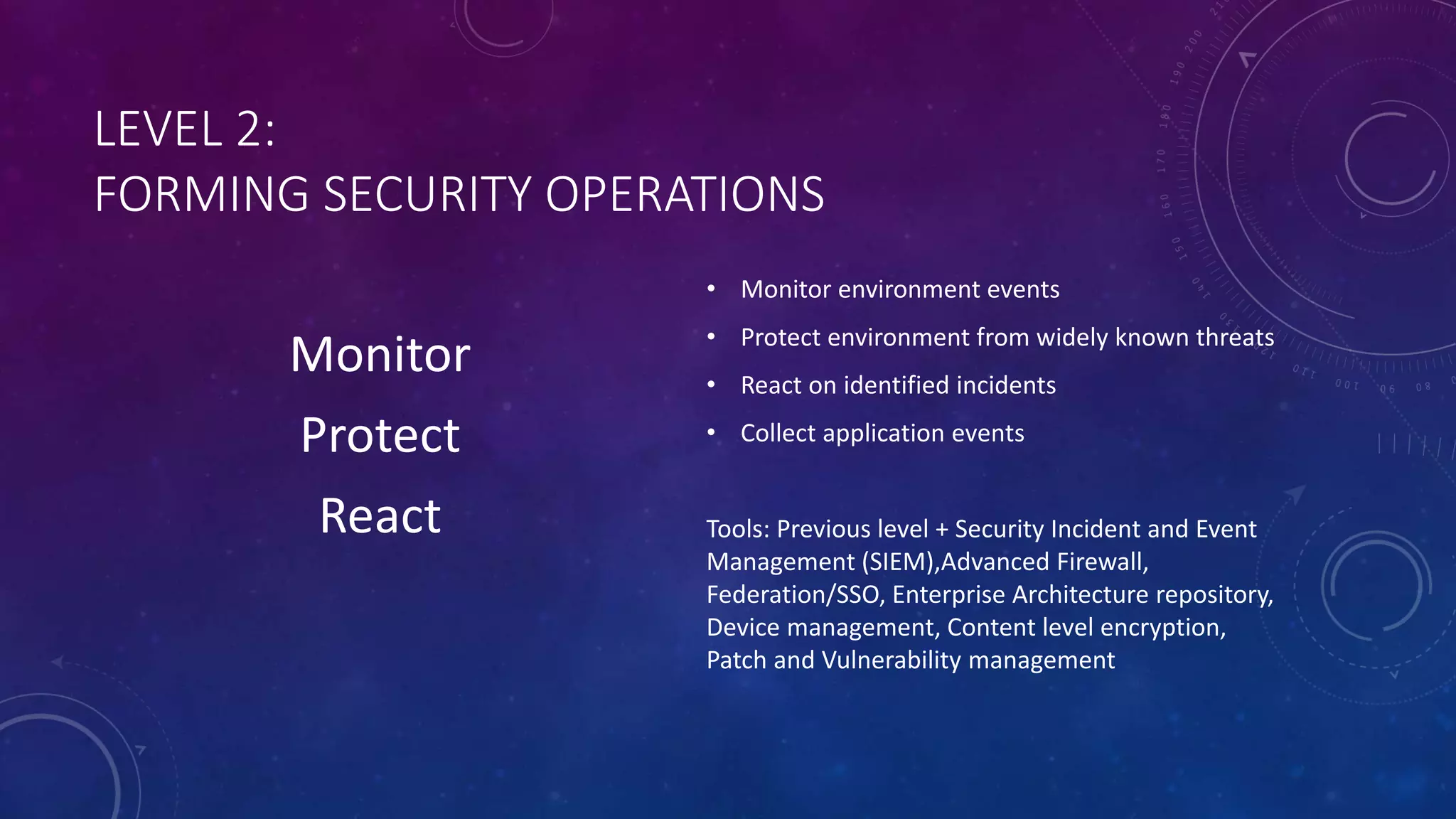 LEVEL 2:
FORMING SECURITY OPERATIONS
Monitor
Protect
React
• Monitor environment events
• Protect environment from widely known threats
• React on identified incidents
• Collect application events
Tools: Previous level + Security Incident and Event
Management (SIEM),Advanced Firewall,
Federation/SSO, Enterprise Architecture repository,
Device management, Content level encryption,
Patch and Vulnerability management
 