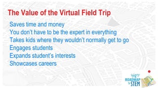 The Value of the Virtual Field Trip
Saves time and money
You don’t have to be the expert in everything
Takes kids where they wouldn’t normally get to go
Engages students
Expands student’s interests
Showcases careers
 