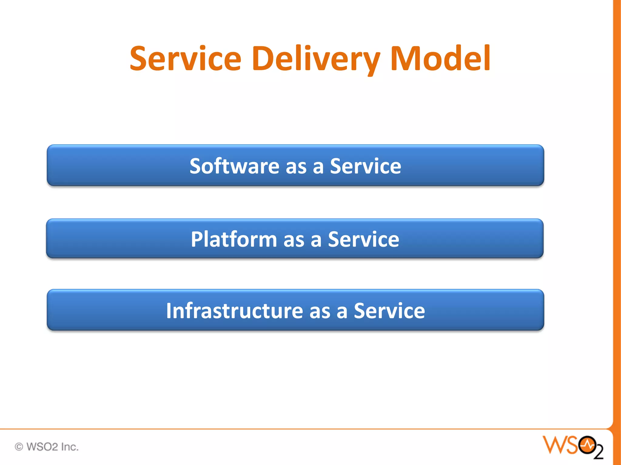 Service Delivery Model

    Software as a Service


    Platform as a Service

  Infrastructure as a Service
 
