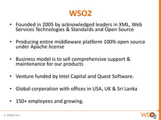 WSO2
• Founded in 2005 by acknowledged leaders in XML, Web
  Services Technologies & Standards and Open Source

• Producing entire middleware platform 100% open source
  under Apache license

• Business model is to sell comprehensive support &
  maintenance for our products

• Venture funded by Intel Capital and Quest Software.

• Global corporation with offices in USA, UK & Sri Lanka

• 150+ employees and growing.
 