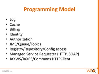 Programming Model
•   Log
•   Cache
•   Billing
•   Identity
•   Authorization
•   JMS/Queue/Topics
•   Registry/Repository/Config access
•   Managed Service Requester (HTTP, SOAP)
•   JAXWS/JAXRS/Commons HTTPClient
 