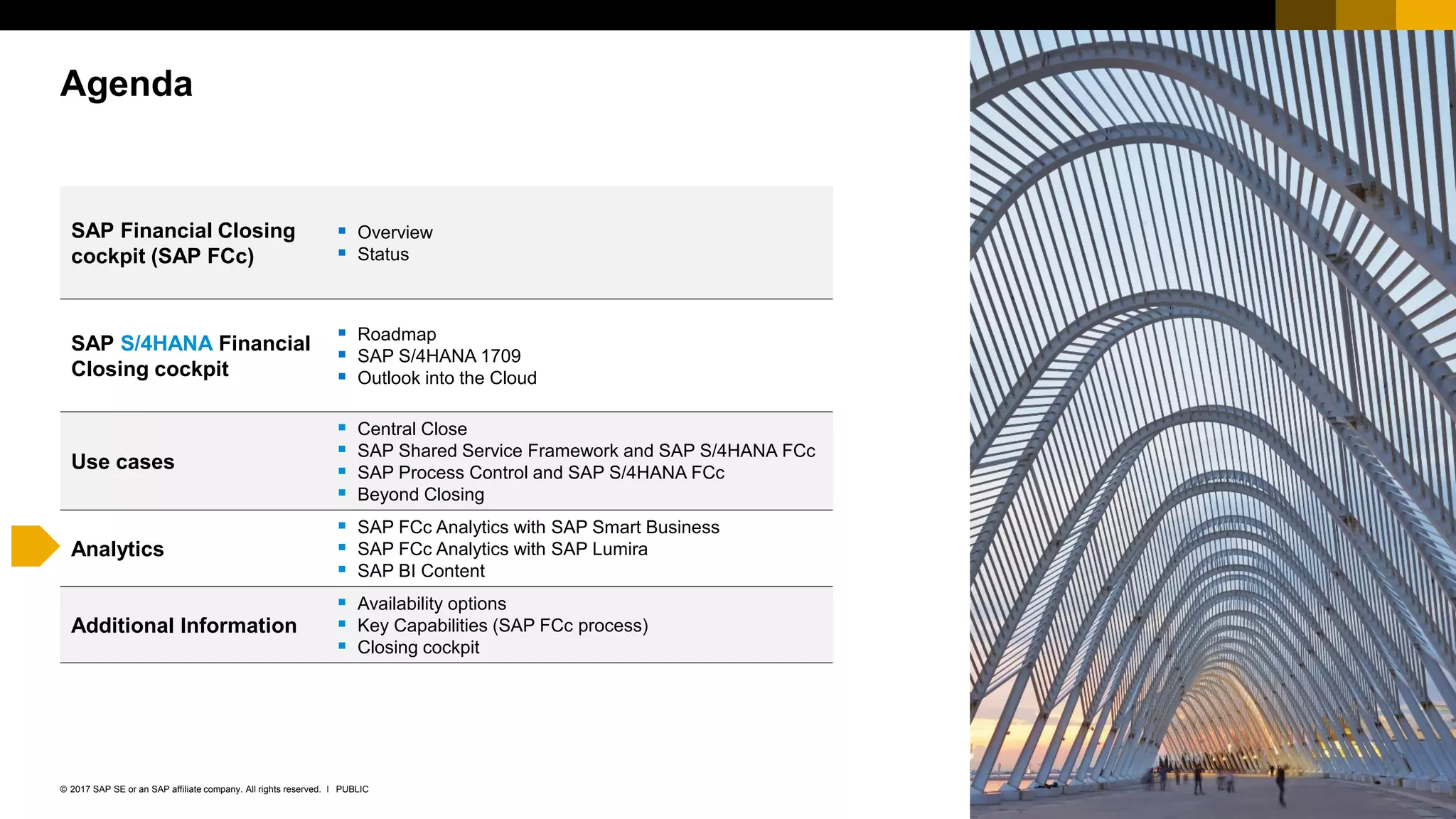 27PUBLIC© 2017 SAP SE or an SAP affiliate company. All rights reserved. ǀ
Agenda
SAP Financial Closing
cockpit (SAP FCc)
 Overview
 Status
SAP S/4HANA Financial
Closing cockpit
 Roadmap
 SAP S/4HANA 1709
 Outlook into the Cloud
Use cases
 Central Close
 SAP Shared Service Framework and SAP S/4HANA FCc
 SAP Process Control and SAP S/4HANA FCc
 Beyond Closing
Analytics
 SAP FCc Analytics with SAP Smart Business
 SAP FCc Analytics with SAP Lumira
 SAP BI Content
Additional Information
 Availability options
 Key Capabilities (SAP FCc process)
 Closing cockpit
 