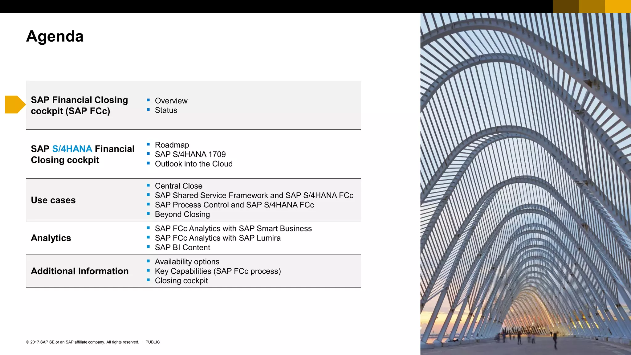 4PUBLIC© 2017 SAP SE or an SAP affiliate company. All rights reserved. ǀ
Agenda
SAP Financial Closing
cockpit (SAP FCc)
 Overview
 Status
SAP S/4HANA Financial
Closing cockpit
 Roadmap
 SAP S/4HANA 1709
 Outlook into the Cloud
Use cases
 Central Close
 SAP Shared Service Framework and SAP S/4HANA FCc
 SAP Process Control and SAP S/4HANA FCc
 Beyond Closing
Analytics
 SAP FCc Analytics with SAP Smart Business
 SAP FCc Analytics with SAP Lumira
 SAP BI Content
Additional Information
 Availability options
 Key Capabilities (SAP FCc process)
 Closing cockpit
 