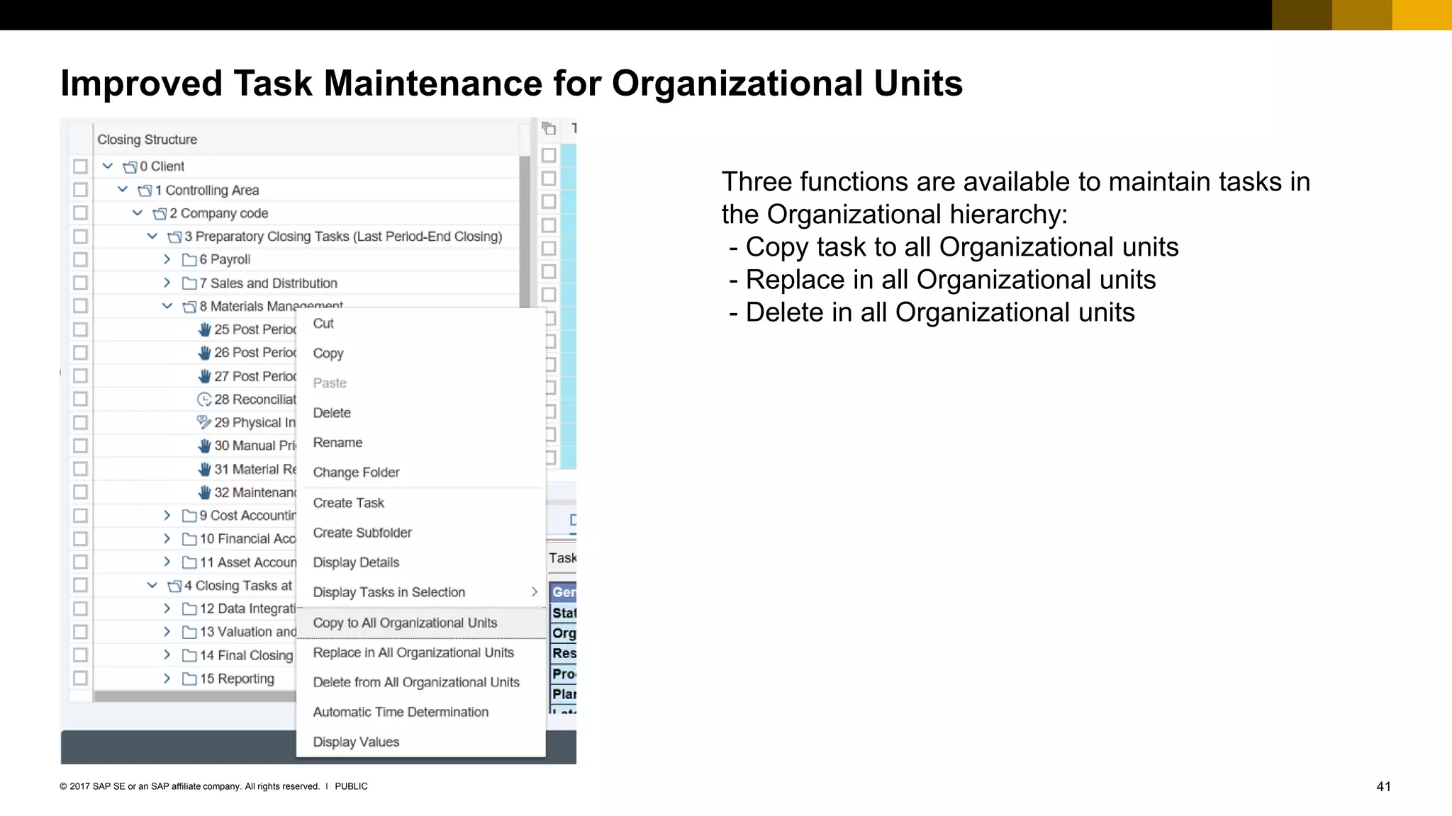 41PUBLIC© 2017 SAP SE or an SAP affiliate company. All rights reserved. ǀ
Improved Task Maintenance for Organizational Units
Three functions are available to maintain tasks in
the Organizational hierarchy:
- Copy task to all Organizational units
- Replace in all Organizational units
- Delete in all Organizational units
 