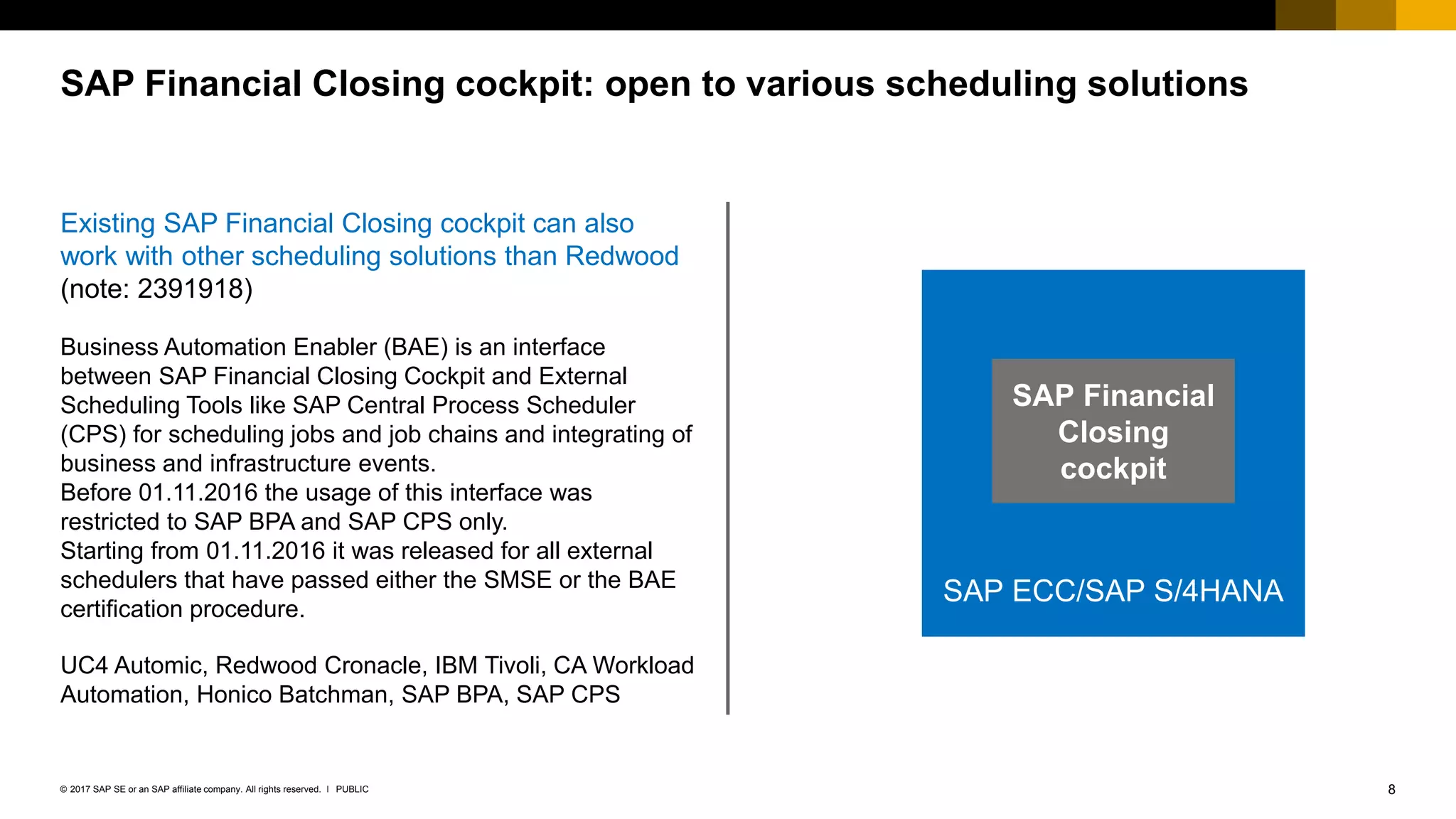 8PUBLIC© 2017 SAP SE or an SAP affiliate company. All rights reserved. ǀ
Existing SAP Financial Closing cockpit can also
work with other scheduling solutions than Redwood
(note: 2391918)
Business Automation Enabler (BAE) is an interface
between SAP Financial Closing Cockpit and External
Scheduling Tools like SAP Central Process Scheduler
(CPS) for scheduling jobs and job chains and integrating of
business and infrastructure events.
Before 01.11.2016 the usage of this interface was
restricted to SAP BPA and SAP CPS only.
Starting from 01.11.2016 it was released for all external
schedulers that have passed either the SMSE or the BAE
certification procedure.
UC4 Automic, Redwood Cronacle, IBM Tivoli, CA Workload
Automation, Honico Batchman, SAP BPA, SAP CPS
SAP Financial Closing cockpit: open to various scheduling solutions
SAP ECC/SAP S/4HANA
SAP Financial
Closing
cockpit
 