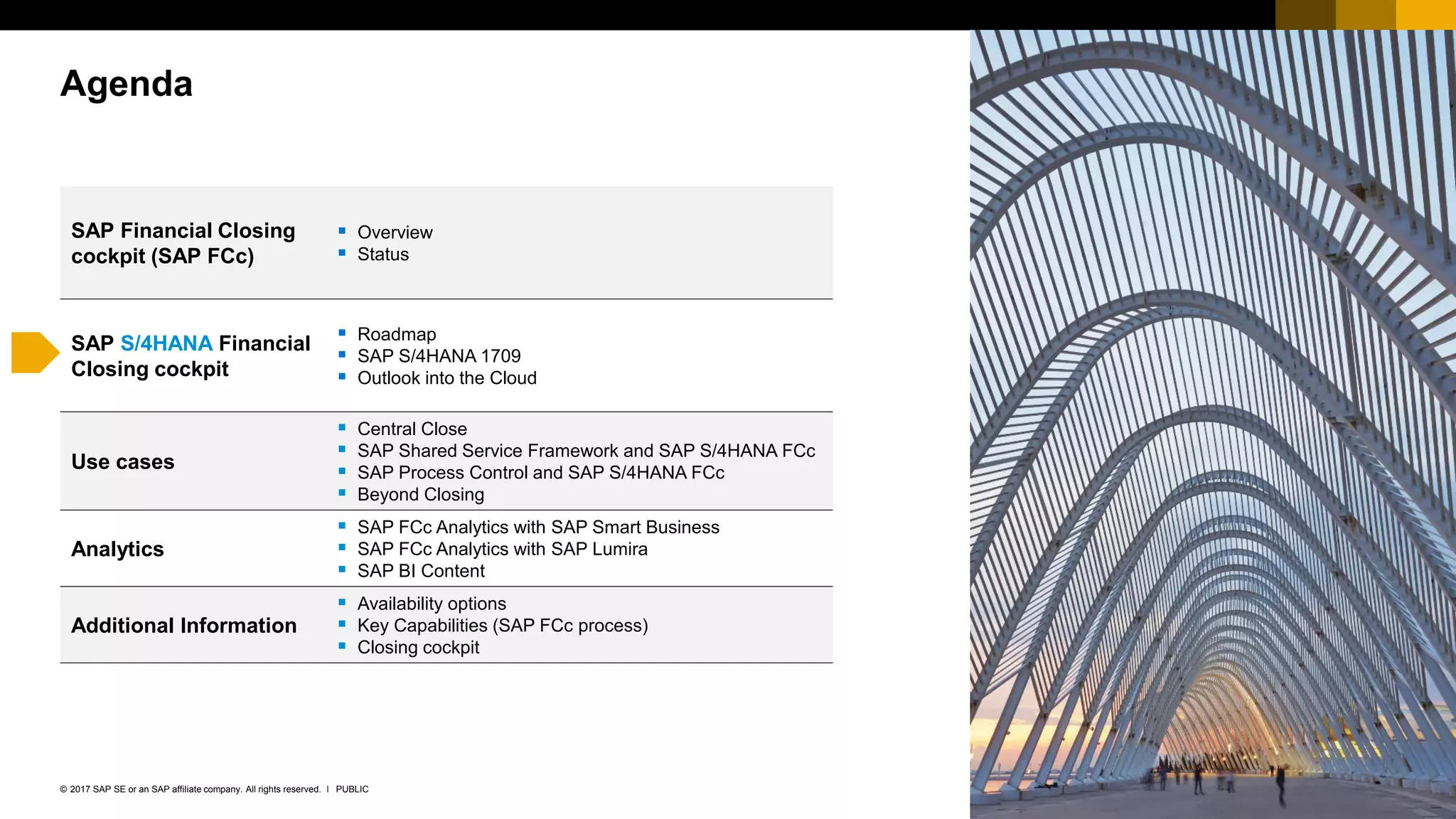 9PUBLIC© 2017 SAP SE or an SAP affiliate company. All rights reserved. ǀ
Agenda
SAP Financial Closing
cockpit (SAP FCc)
 Overview
 Status
SAP S/4HANA Financial
Closing cockpit
 Roadmap
 SAP S/4HANA 1709
 Outlook into the Cloud
Use cases
 Central Close
 SAP Shared Service Framework and SAP S/4HANA FCc
 SAP Process Control and SAP S/4HANA FCc
 Beyond Closing
Analytics
 SAP FCc Analytics with SAP Smart Business
 SAP FCc Analytics with SAP Lumira
 SAP BI Content
Additional Information
 Availability options
 Key Capabilities (SAP FCc process)
 Closing cockpit
 
