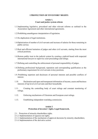 I PROTECTION OF INVESTORS’ RIGHTS
Article 1.
Court and justice system reform
1.1.Implementing legislative, procedural and ...