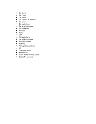 • CM Ílhavo
• CM Porto
• CM Vagos
• CM Oliveira de Azeméis
• CM Lisboa
• CM Matosinhos
• CM Sever do Vouga
• PSP de Aveiro
• Miralago
• Iberia
• HFA
• TRENMO, Porto
• CM Sever do Vouga
• No’Clock Country
• myBikes
• Portugal Birdwatching
• 4iS
• Quercus Coimbra
• Amorim Cork
• Escola Profissional de Aveiro
• Giro Café - Murtosa
 