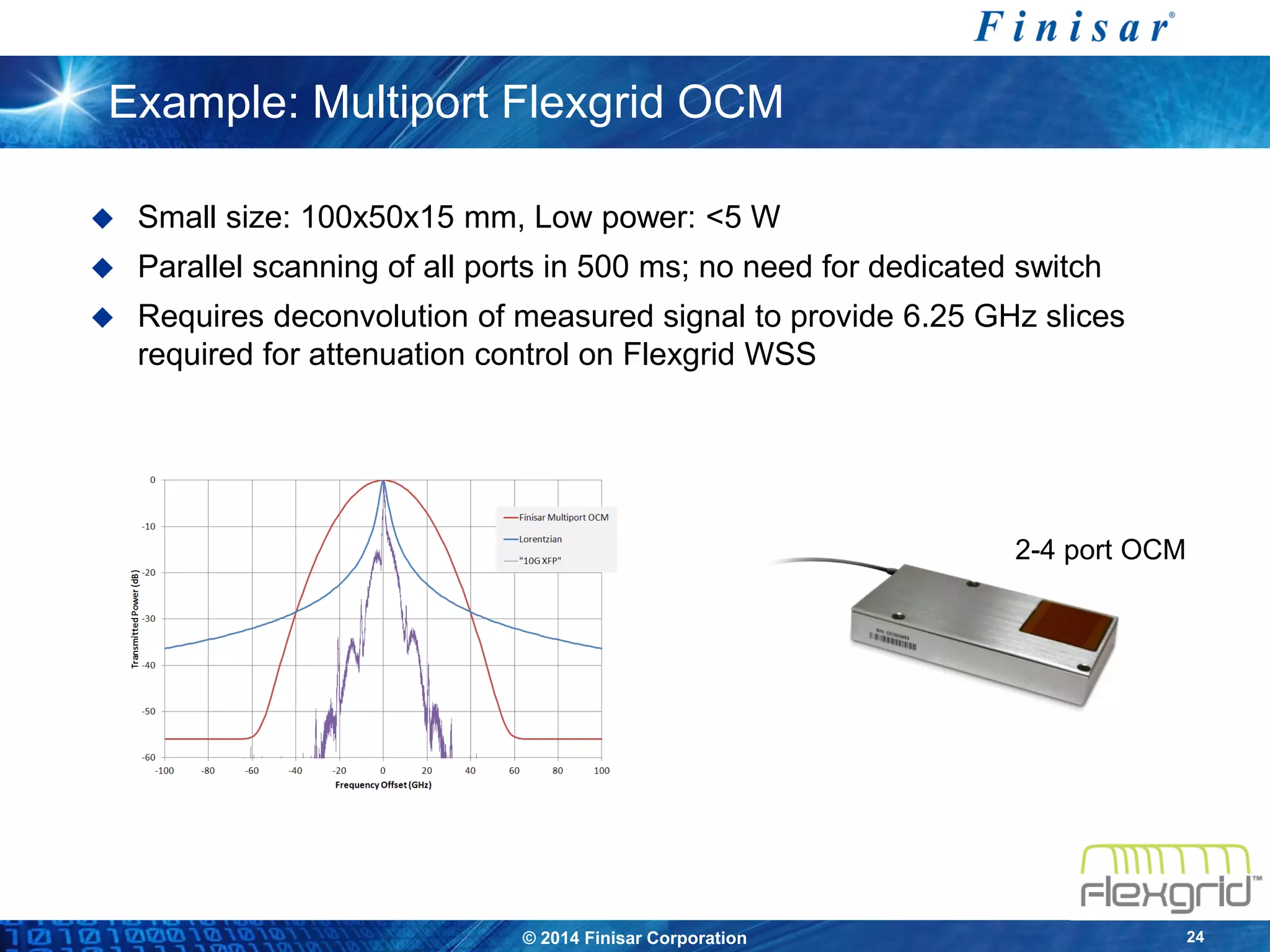 © 2014 Finisar Corporation 24
Example: Multiport Flexgrid OCM
 Small size: 100x50x15 mm, Low power: <5 W
 Parallel scanning of all ports in 500 ms; no need for dedicated switch
 Requires deconvolution of measured signal to provide 6.25 GHz slices
required for attenuation control on Flexgrid WSS
2-4 port OCM
 