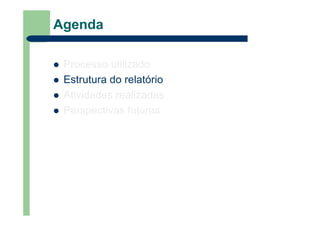 Agenda
Processo utilizado
Estrutura do relatório
Atividades realizadas
Perspectivas futuras
 