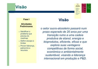 Visão
VisãoVisão
o setor sucro-alcooleiro passará num
prazo esperado de 20 anos por uma
transição rumo a uma cadeia
produtiva de etanol, energia e
bioprodutos, eficiente, eficaz e que
explore suas vantagens
competitivas de forma social,
econômica e ambientalmente
sustentável, visando a liderança
internacional em produção e P&D.
Fase I
Atividades
Preliminares
Identificar o
problema que
precisa do
roadmap
Definir escopo e
limites
Prover liderança,
patrocínio e
recursos
Fase I
Atividades
Preliminares
Identificar o
problema que
precisa do
roadmap
Definir escopo e
limites
Prover liderança,
patrocínio e
recursos
Fase II
Desenvolvimento
Definir foco
Identificar requisitos
Especificar as áreas
tecnológicas
Especificar
condutores e alvos
Identificar alternativas
e horizontes
Priorizar e
recomendar alternativas
Documentar
(roadmap)
Fase III
Continuidade
– Criticar e validar
– Desenvolver um
plano de
implementação
– Revisar e atualizar
quando necessário
 