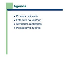 Agenda
Processo utilizado
Estrutura do relatório
Atividades realizadas
Perspectivas futuras
 