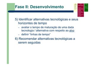 Fase II: Desenvolvimento
5) Identificar alternativas tecnológicas e seus
horizontes de tempo
– avaliar o tempo de maturação de uma dada
tecnologia / alternativa com respeito ao alvo
– definir “linhas de tempo”
6) Recomendar alternativas tecnológicas a
serem seguidas
Fase I
Atividades
Preliminares
Identificar o
problema que
precisa do
roadmap
Definir escopo e
limites
Prover liderança,
patrocínio e
recursos
Fase II
Desenvolvimento
Definir foco
Identificar requisitos
Especificar as áreas
tecnológicas
Especificar
condutores e alvos
Identificar alternativas
e horizontes
Priorizar e
recomendar alternativas
Documentar
(roadmap)
Fase III
Continuidade
– Criticar e validar
– Desenvolver um
plano de
implementação
– Revisar e atualizar
quando necessário
 