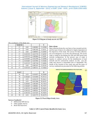 International Journal of Advance Engineering and Research Development (IJAERD)
Volume 2,Issue 9, September -2015, e-ISSN: 2348 - 4470 , print-ISSN:2348-6406
@IJAERD-2015, All rights Reserved 67
Figure 5.2 Polygons of study area in Arc GIS
The coordinates of the Study area
Data scheme
Data collection forms the very basis of any research activity
and the type of data to be collected is largely dependent on
the objectives of the study. The surveys for data collection
are to be designed so as to fit in the framework. The resent
study is aimed at developing the GIS and GPS based road
network configuration. In the present case of study it
requires to conduct surveys for the identification of road
network and for connectivity analysis. In this case the
study area chosen is cantonment area of Hyderabad. The
details of the location of the study area and the types of
surveys conducted are presented in the following articles.
Figure 5.3 Ward Map of study Area
Surveys Conducted
 Differential GPS Survey
 Video graphic Survey
 Road side Interviews
Table 4.1 GPS Control Points Identified In Study Area
NORTH Y
1 17 0.45 0.009083 17.45908
2 17 0.45 0.001503 17.4515
3 17 0.45 0.009072 17.45907
4 17 0.433333 0.013739 17.44707
5 17 0.433333 0.009464 17.4428
6 17 0.416667 0.012389 17.42906
7 17 0.416667 0.015992 17.43266
8 17 0.433333 0.007544 17.44088
9 17 0.45 0.001431 17.45143
10 17 0.433333 0.005311 17.43864
EAST X
1 78 0.35 0.016075 78.36608
2 78 0.366667 0.014494 78.38116
3 78 0.35 0.016133 78.36613
4 78 0.35 0.013506 78.36351
5 78 0.366667 0.003469 78.37014
6 78 0.366667 0.008061 78.37473
7 78 0.383333 0.002903 78.38624
8 78 0.383333 0.009261 78.39259
9 78 0.383333 0.013247 78.39658
10 78 0.35 0.013775 78.36378
 