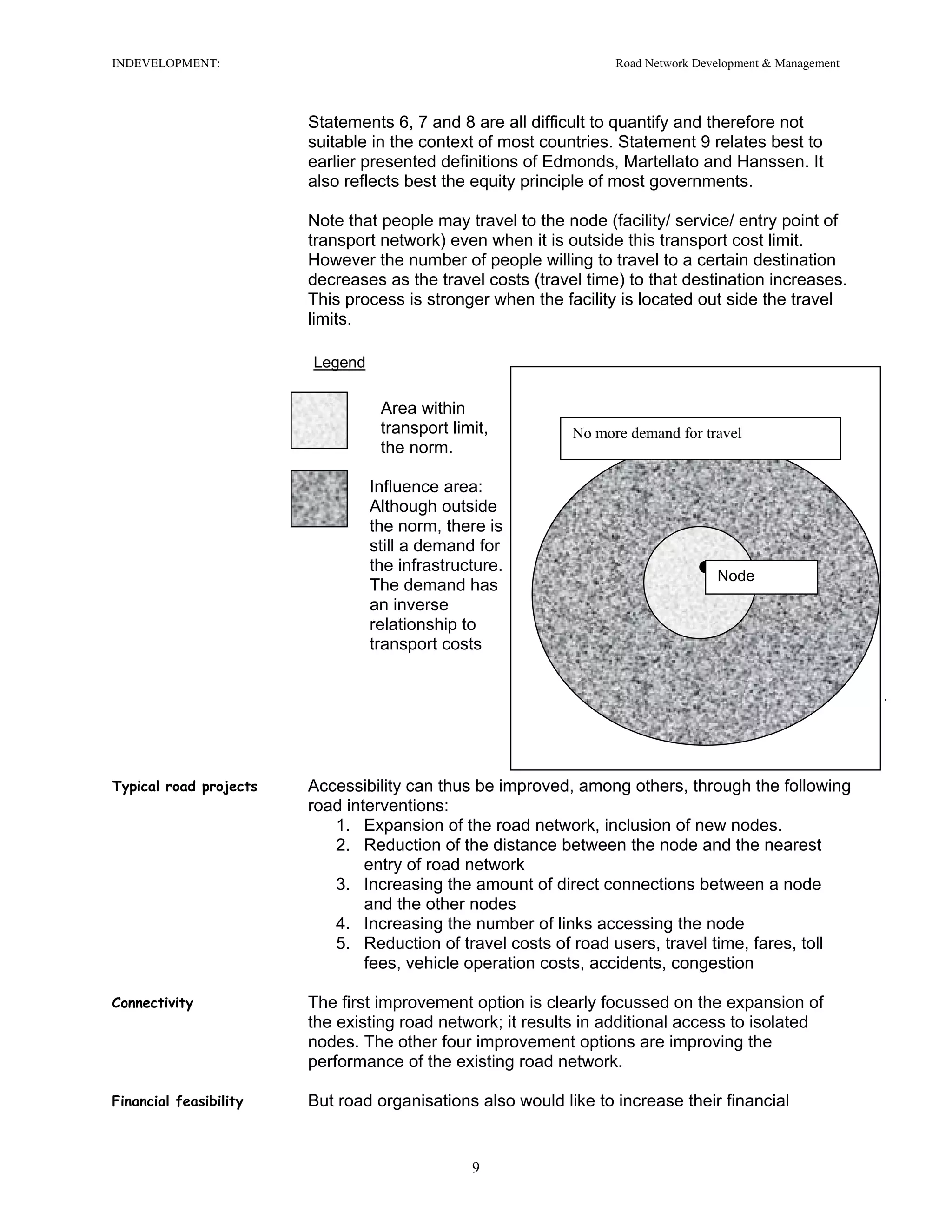INDEVELOPMENT: Road Network Development & Management
Statements 6, 7 and 8 are all difficult to quantify and therefore not
suitable in the context of most countries. Statement 9 relates best to
earlier presented definitions of Edmonds, Martellato and Hanssen. It
also reflects best the equity principle of most governments.
Note that people may travel to the node (facility/ service/ entry point of
transport network) even when it is outside this transport cost limit.
However the number of people willing to travel to a certain destination
decreases as the travel costs (travel time) to that destination increases.
This process is stronger when the facility is located out side the travel
limits.
.
Legend
Node
Influence area:
Although outside
the norm, there is
still a demand for
the infrastructure.
The demand has
an inverse
relationship to
transport costs
No more demand for travel
Area within
transport limit,
the norm.
Typical road projects Accessibility can thus be improved, among others, through the following
road interventions:
1. Expansion of the road network, inclusion of new nodes.
2. Reduction of the distance between the node and the nearest
entry of road network
3. Increasing the amount of direct connections between a node
and the other nodes
4. Increasing the number of links accessing the node
5. Reduction of travel costs of road users, travel time, fares, toll
fees, vehicle operation costs, accidents, congestion
Connectivity The first improvement option is clearly focussed on the expansion of
the existing road network; it results in additional access to isolated
nodes. The other four improvement options are improving the
performance of the existing road network.
Financial feasibility But road organisations also would like to increase their financial
9
 