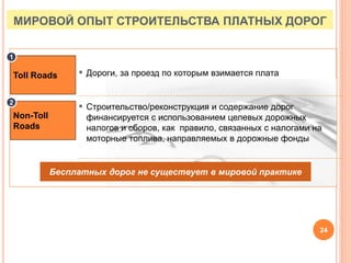 Toll Roads
Non-Toll
Roads
1
2
▪ Дороги, за проезд по которым взимается плата
▪ Строительство/реконструкция и содержание дорог
финансируется с использованием целевых дорожных
налогов и сборов, как правило, связанных с налогами на
моторные топлива, направляемых в дорожные фонды
Бесплатных дорог не существует в мировой практике
МИРОВОЙ ОПЫТ СТРОИТЕЛЬСТВА ПЛАТНЫХ ДОРОГ
24
 