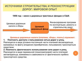 ИСТОЧНИКИ СТРОИТЕЛЬСТВА И РЕКОНСТРУКЦИИ
ДОРОГ: МИРОВОЙ ОПЫТ
1956 год – закон о дорожных трастовых фондах в США
Целевой
дорожный фонд
Финансирование программ
по эксплуатации, ремонту и
строительству дорог
Целевые дорожные
налоги и сборы
Целевые дорожные налоги (платежи, сборы, платы) отражают:
1. Платность доступа к пользованию сетью дорог и улиц.
Реализуется в виде условно-постоянной части платежей автовладельца,
взимаемых по факту владения (приобретения, пользования) транспортным
средством;
2. Платность фактического использования сети дорог и улиц.
Реализуется в виде переменной (покилометровой) части платежей
автовладельца, взимаемых в зависимости от фактического пробега
транспортного средства.
5
 