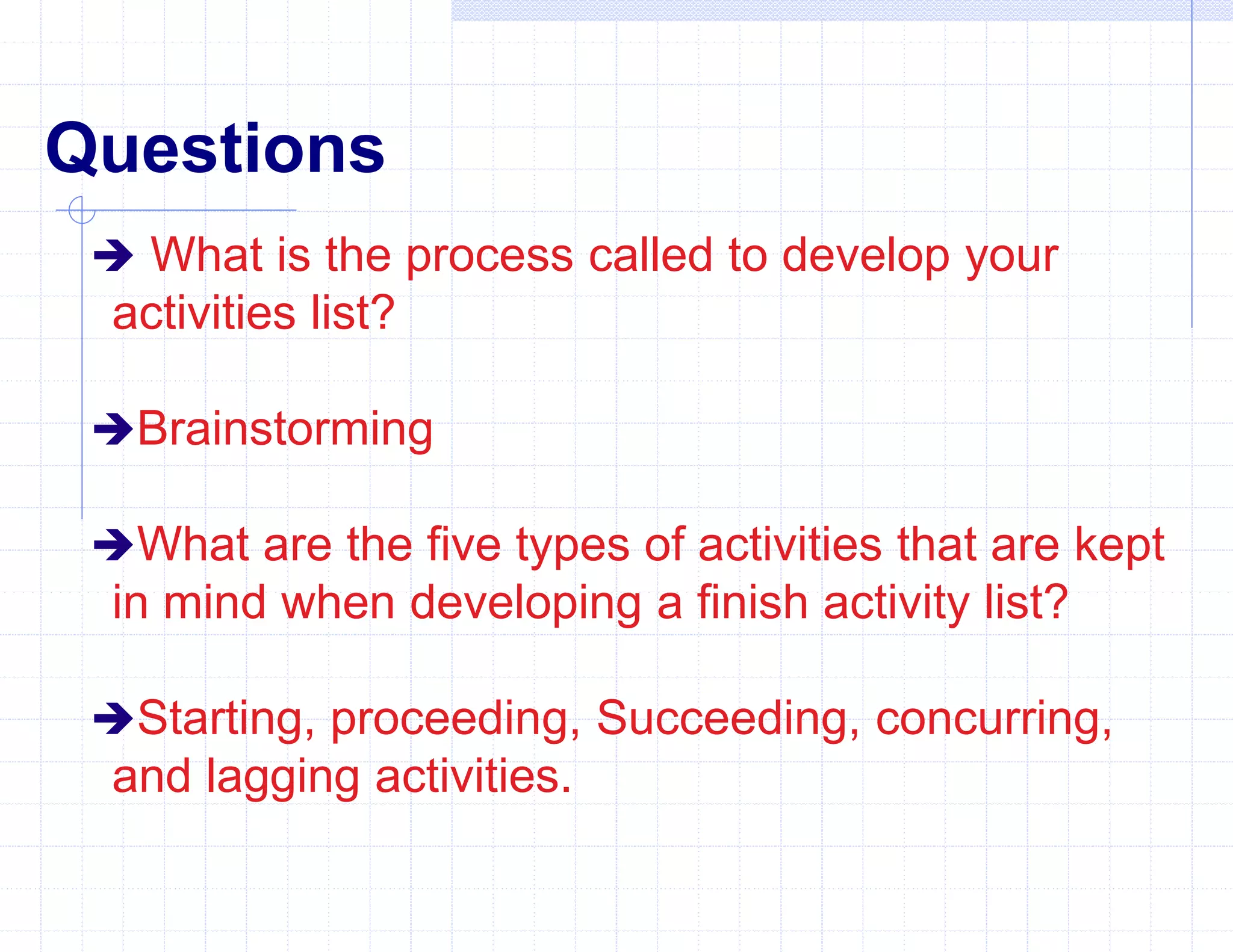 Questions
 What is the process called to develop your
activities list?
Brainstorming
What are the five types of activities that are kept
in mind when developing a finish activity list?
Starting, proceeding, Succeeding, concurring,
and lagging activities.
 