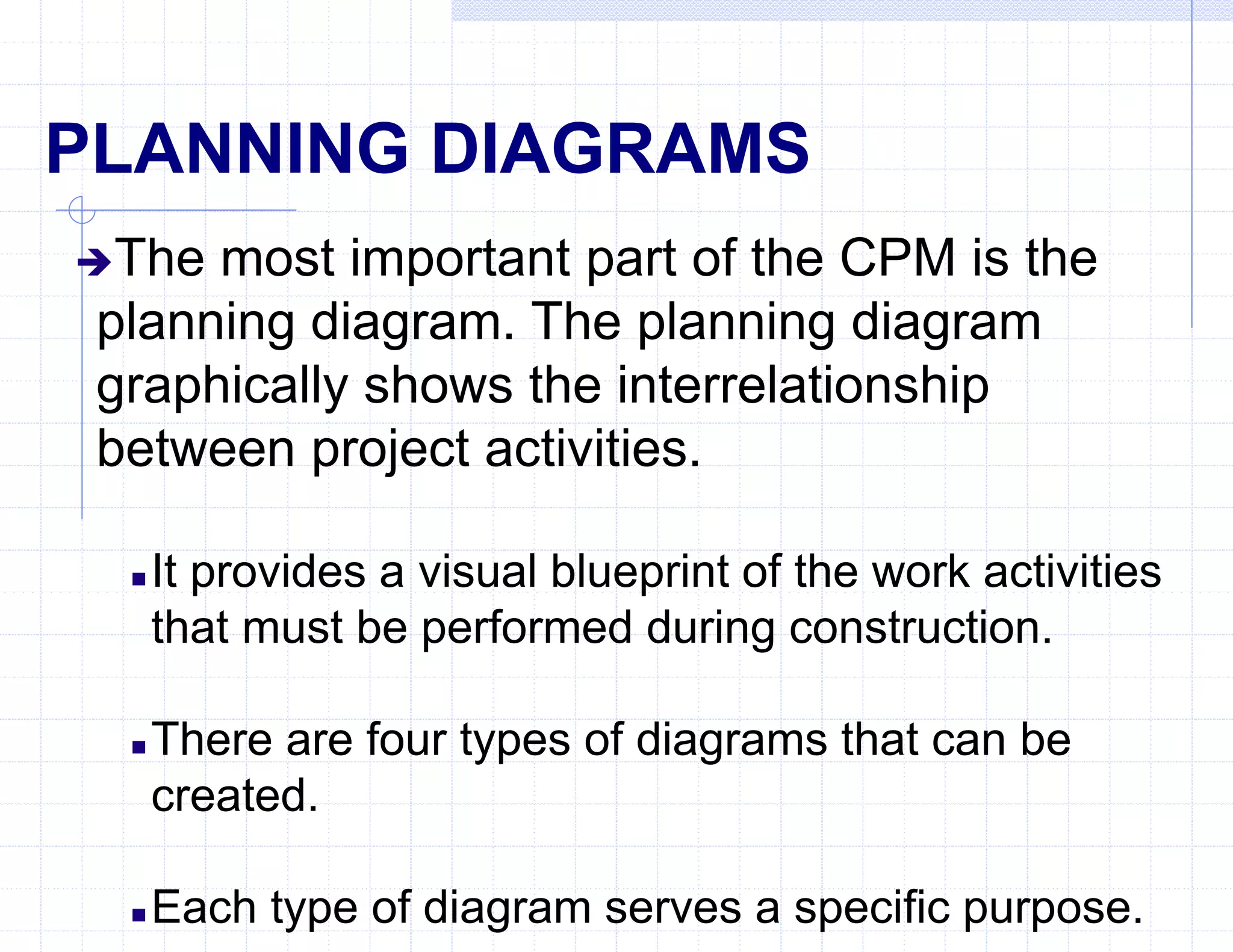 PLANNING DIAGRAMS
The most important part of the CPM is the
planning diagram. The planning diagram
graphically shows the interrelationship
between project activities.
 It provides a visual blueprint of the work activities
that must be performed during construction.
 There are four types of diagrams that can be
created.
 Each type of diagram serves a specific purpose.
 