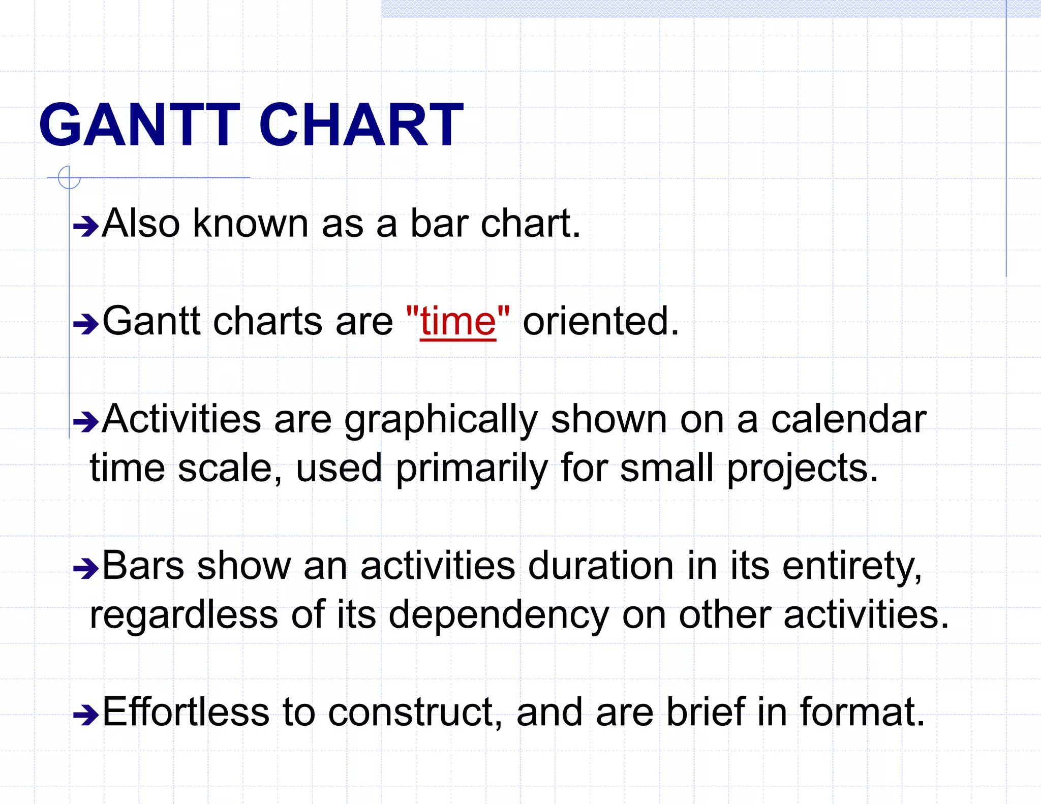 GANTT CHART
Also known as a bar chart.
Gantt charts are "time" oriented.
Activities are graphically shown on a calendar
time scale, used primarily for small projects.
Bars show an activities duration in its entirety,
regardless of its dependency on other activities.
Effortless to construct, and are brief in format.
 
