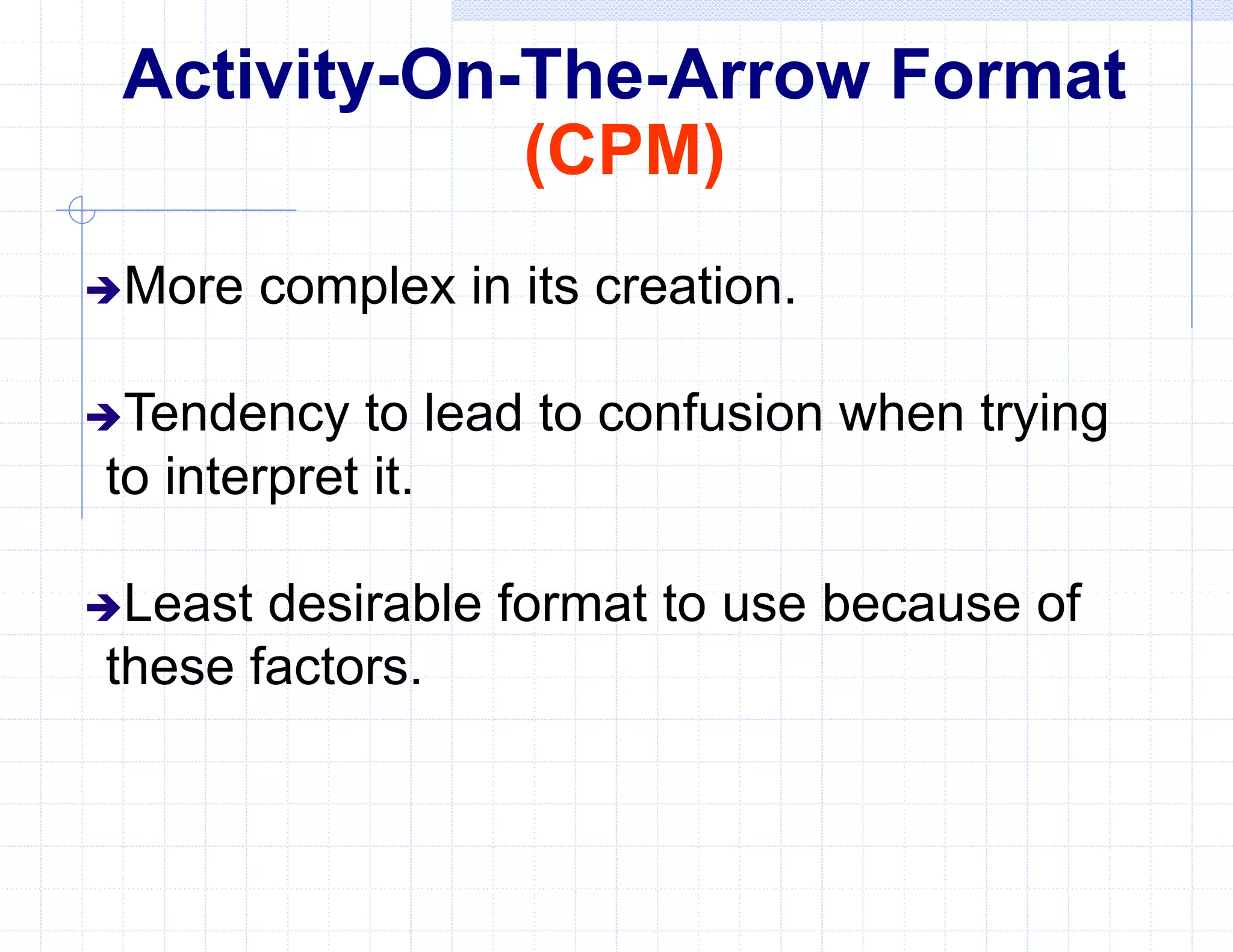 Activity-On-The-Arrow Format
(CPM)
More complex in its creation.
Tendency to lead to confusion when trying
to interpret it.
Least desirable format to use because of
these factors.
 