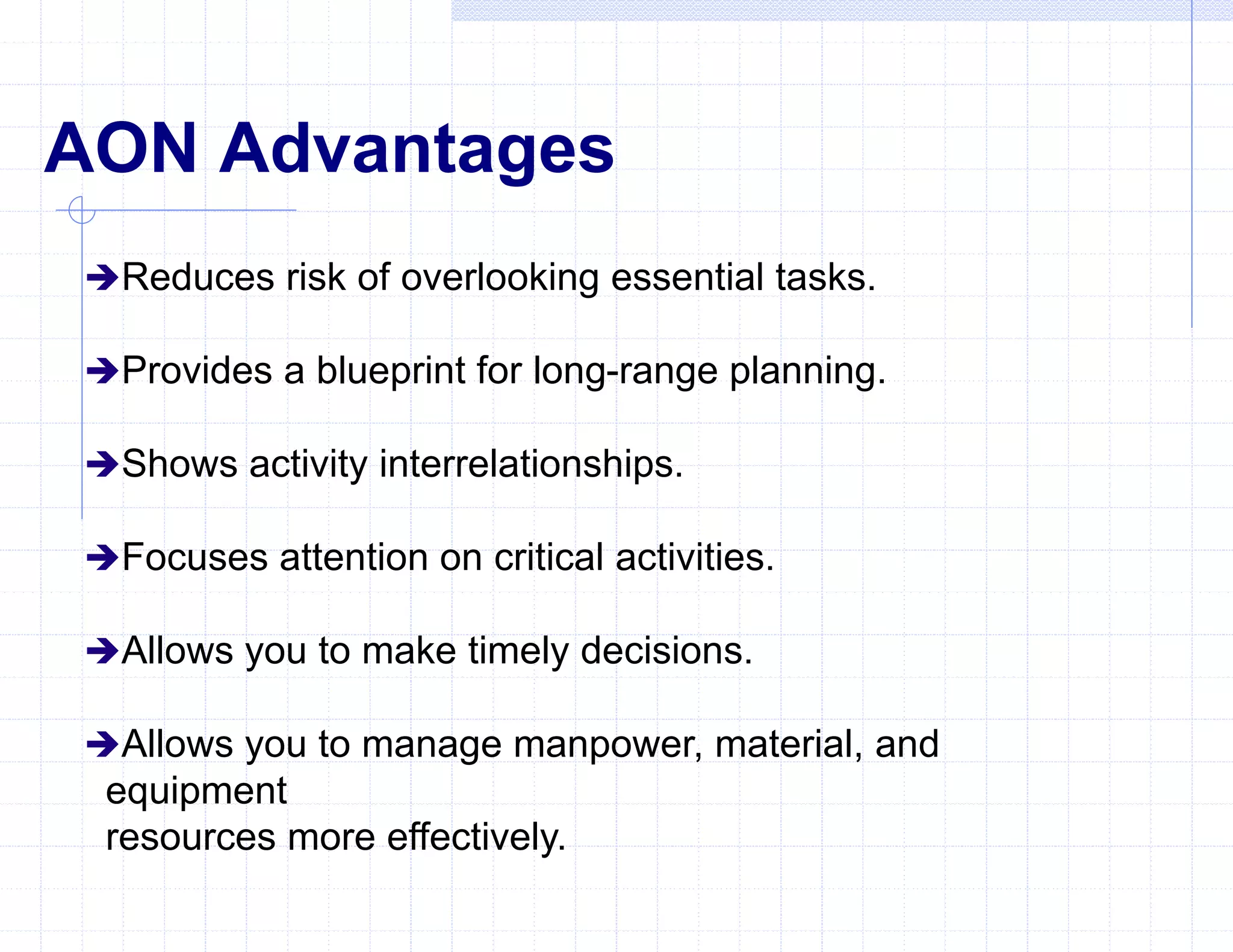 AON Advantages
Reduces risk of overlooking essential tasks.
Provides a blueprint for long-range planning.
Shows activity interrelationships.
Focuses attention on critical activities.
Allows you to make timely decisions.
Allows you to manage manpower, material, and
equipment
resources more effectively.
 