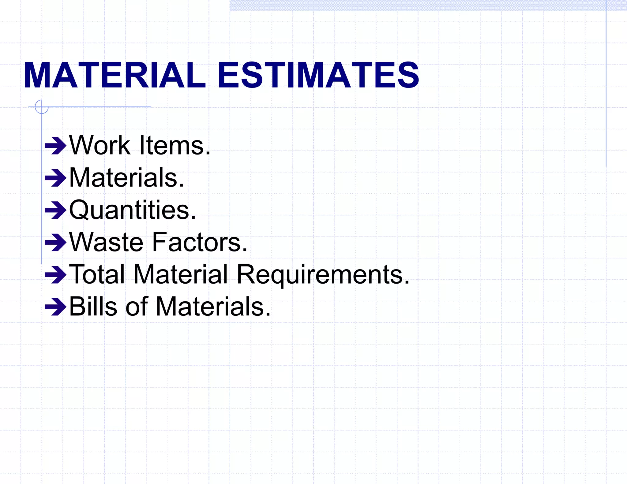 MATERIAL ESTIMATES
Work Items.
Materials.
Quantities.
Waste Factors.
Total Material Requirements.
Bills of Materials.
 