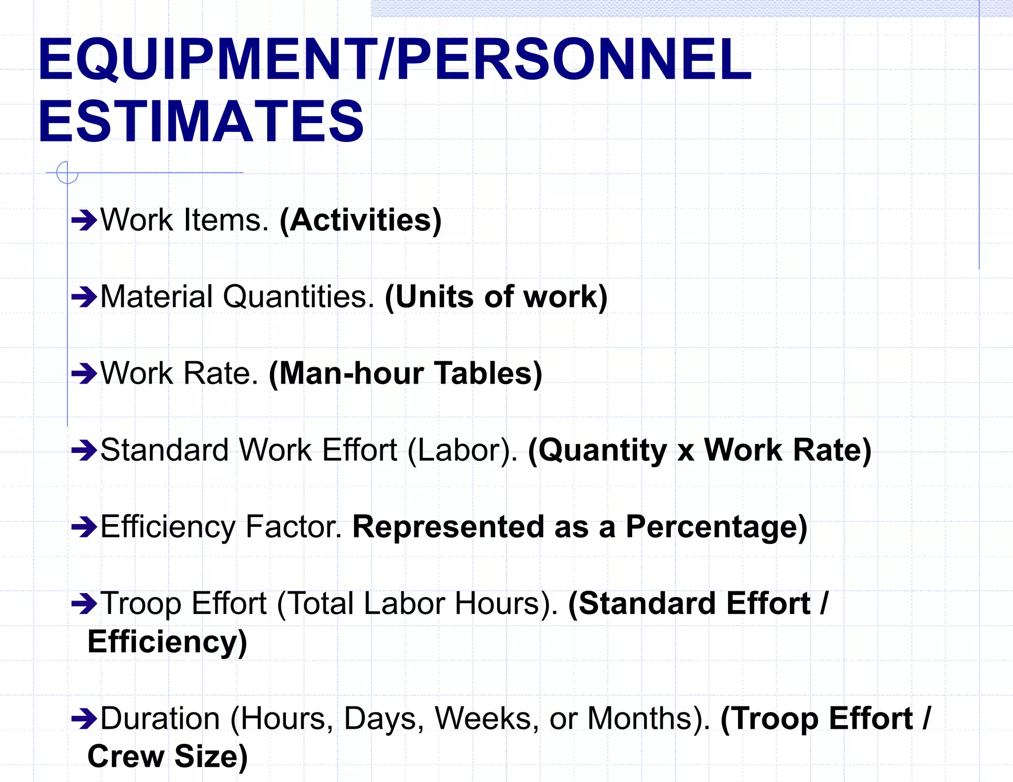 EQUIPMENT/PERSONNEL
ESTIMATES
Work Items. (Activities)
Material Quantities. (Units of work)
Work Rate. (Man-hour Tables)
Standard Work Effort (Labor). (Quantity x Work Rate)
Efficiency Factor. Represented as a Percentage)
Troop Effort (Total Labor Hours). (Standard Effort /
Efficiency)
Duration (Hours, Days, Weeks, or Months). (Troop Effort /
Crew Size)
 