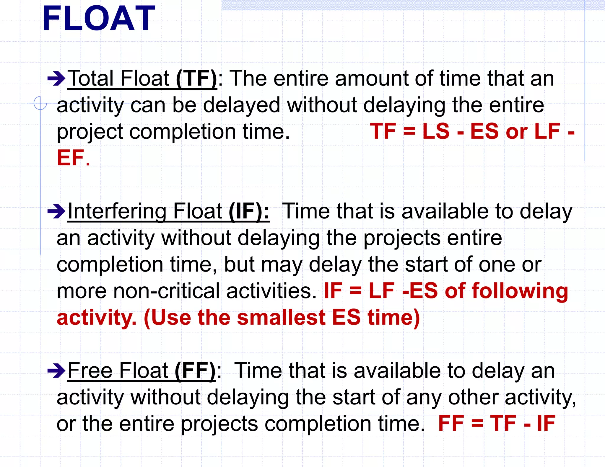 FLOAT
Total Float (TF): The entire amount of time that an
activity can be delayed without delaying the entire
project completion time. TF = LS - ES or LF -
EF.
Interfering Float (IF): Time that is available to delay
an activity without delaying the projects entire
completion time, but may delay the start of one or
more non-critical activities. IF = LF -ES of following
activity. (Use the smallest ES time)
Free Float (FF): Time that is available to delay an
activity without delaying the start of any other activity,
or the entire projects completion time. FF = TF - IF
 