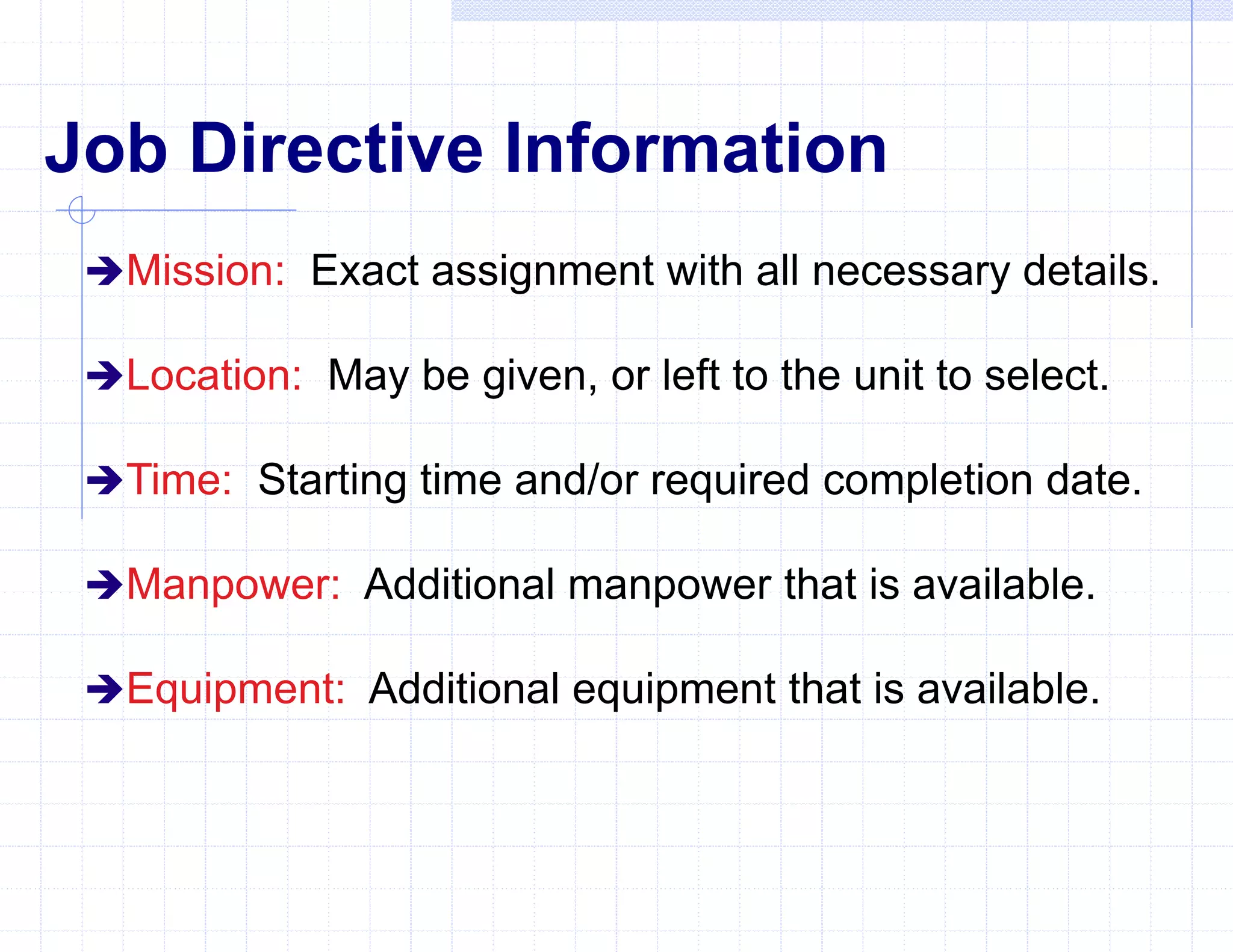 Job Directive Information
Mission: Exact assignment with all necessary details.
Location: May be given, or left to the unit to select.
Time: Starting time and/or required completion date.
Manpower: Additional manpower that is available.
Equipment: Additional equipment that is available.
 