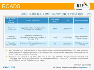 1313MARCH 2017 For updated information, please visit www.ibef.org
ROADS
NHAI’S SUCCESSFUL IMPLEMENTATION OF PROJECTS … (2/2)
NHDP phase /
Year of
Approval
Project description
Total length
(Kms)
Cost Development model
Phase V /
October 2006
Upgradation of four-lane highways to
six-lane and port connectivity
6,500 USD9.3 billion PPP
Phase VI /
November 2006
Development of expressway
The project is targeted to be completed by
December 2015
1,000 USD3.8 billion
PPP-(Design-Build-
Finance-Operate)
Phase VII /
December 2007
Development of ring roads, bypasses and
flyovers
700 USD4.2 billion
PPP (Build-Operate-
Transfer)
Source: NHAI, TechSci Research
Note: Data is till December 2015
As of November 2016, under the Ministry of Roads Logistic Efficiency Enhancement Programme (LEEP), NHAI invited bids
for the preparation of detailed project reports for 44 freight corridors, inter-corridors and feeder routes to reduce the cost and
time of freight movement across the country
To finance various projects during FY17, NHAI plans to raise USD 2.99 billion through Employees’ Provident Fund
Organization (EPFO), USD 1.27 billion through Life Insurance Corporation (LIC); USD 746.82 million each through Masala
and 54-EC bonds and USD 2.46 billion from the market.
 