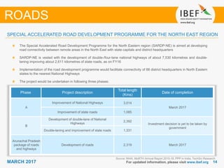 1414MARCH 2017 For updated information, please visit www.ibef.org
SPECIAL ACCELERATED ROAD DEVELOPMENT PROGRAMME FOR THE NORTH EAST REGION
ROADS
The Special Accelerated Road Development Programme for the North Eastern region (SARDP-NE) is aimed at developing
road connectivity between remote areas in the North East with state capitals and district headquarters
SARDP-NE is vested with the development of double-/four-lane national highways of about 7,530 kilometres and double-
laning improving about 2,611 kilometres of state roads, as on FY16
Implementation of the road development programme would facilitate connectivity of 88 district headquarters in North Eastern
states to the nearest National Highways
The project would be undertaken in following three phases:
Phase Project description
Total length
(Kms)
Date of completion
A
Improvement of National Highways 3,014
March 2017
Improvement of state roads 1,085
B
Development of double-lane of National
Highways
2,392
Investment decision is yet to be taken by
government
Double-laning and improvement of state roads 1,331
Arunachal Pradesh
package of roads
and highways
Development of roads 2,319 March 2017
Source: NHAI, MoRTH Annual Report 2015-16, PPP in India, TechSci Research
 