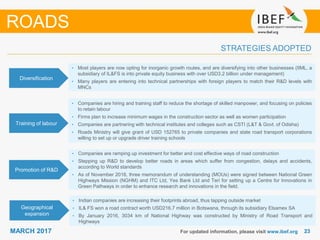 2323MARCH 2017 For updated information, please visit www.ibef.org
STRATEGIES ADOPTED
ROADS
• Most players are now opting for inorganic growth routes, and are diversifying into other businesses (IIML, a
subsidiary of IL&FS is into private equity business with over USD3.2 billion under management)
• Many players are entering into technical partnerships with foreign players to match their R&D levels with
MNCs
• Companies are hiring and training staff to reduce the shortage of skilled manpower, and focusing on policies
to retain labour
• Firms plan to increase minimum wages in the construction sector as well as women participation
• Companies are partnering with technical institutes and colleges such as CSTI (L&T & Govt. of Odisha)
• Roads Ministry will give grant of USD 152765 to private companies and state road transport corporations
willing to set up or upgrade driver training schools
• Companies are ramping up investment for better and cost effective ways of road construction
• Stepping up R&D to develop better roads in areas which suffer from congestion, delays and accidents,
according to World standards
• As of November 2016, three memorandum of understanding (MOUs) were signed between National Green
Highways Mission (NGHM) and ITC Ltd, Yes Bank Ltd and Teri for setting up a Centre for Innovations in
Green Pathways in order to enhance research and innovations in the field.
Diversification
Training of labour
Promotion of R&D
Geographical
expansion
• Indian companies are increasing their footprints abroad, thus tapping outside market
• IL& FS won a road contract worth USD216.7 million in Botswana, through its subsidiary Elsamex SA
• By January 2016, 3034 km of National Highway was constructed by Ministry of Road Transport and
Highways
 