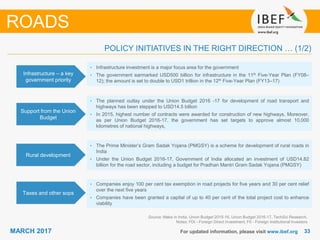 3333MARCH 2017 For updated information, please visit www.ibef.org
POLICY INITIATIVES IN THE RIGHT DIRECTION … (1/2)
ROADS
Source: Make in India, Union Budget 2015-16, Union Budget 2016-17, TechSci Research,
Notes: FDI - Foreign Direct Investment, FII - Foreign Institutional Investors
Infrastructure – a key
government priority
• Infrastructure investment is a major focus area for the government
• The government earmarked USD500 billion for infrastructure in the 11th Five-Year Plan (FY08–
12); the amount is set to double to USD1 trillion in the 12th Five-Year Plan (FY13–17)
Support from the Union
Budget
• The planned outlay under the Union Budget 2016 -17 for development of road transport and
highways has been stepped to USD14.5 billion
• In 2015, highest number of contracts were awarded for construction of new highways. Moreover,
as per Union Budget 2016-17, the government has set targets to approve almost 10,000
kilometres of national highways,
Rural development
• The Prime Minister’s Gram Sadak Yojana (PMGSY) is a scheme for development of rural roads in
India
• Under the Union Budget 2016-17, Government of India allocated an investment of USD14.82
billion for the road sector, including a budget for Pradhan Mantri Gram Sadak Yojana (PMGSY)
Taxes and other sops
• Companies enjoy 100 per cent tax exemption in road projects for five years and 30 per cent relief
over the next five years
• Companies have been granted a capital of up to 40 per cent of the total project cost to enhance
viability
 