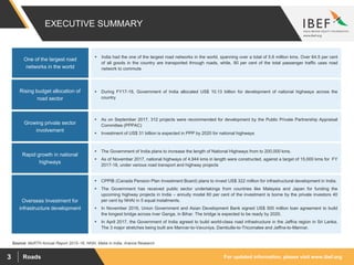 For updated information, please visit www.ibef.orgRoads3
EXECUTIVE SUMMARY
Source: MoRTH Annual Report 2015–16, NHAI, Make in India, Aranca Research
One of the largest road
networks in the world
Overseas Investment for
infrastructure development
 CPPIB (Canada Pension Plan Investment Board) plans to invest US$ 322 million for infrastructural development in India.
 The Government has received public sector undertakings from countries like Malaysia and Japan for funding the
upcoming highway projects in India – annuity model 60 per cent of the investment is borne by the private investors 40
per cent by NHAI in 5 equal instalments.
 In November 2016, Union Government and Asian Development Bank signed US$ 500 million loan agreement to build
the longest bridge across river Ganga, in Bihar. The bridge is expected to be ready by 2020.
 In April 2017, the Government of India agreed to build world-class road infrastructure in the Jaffna region in Sri Lanka.
The 3 major stretches being built are Mannar-to-Vavuniya, Dambulla-to-Tricomalee and Jaffna-to-Mannar.
Rising budget allocation of
road sector
Growing private sector
involvement
Rapid growth in national
highways
 India had the one of the largest road networks in the world, spanning over a total of 5.6 million kms. Over 64.5 per cent
of all goods in the country are transported through roads, while, 90 per cent of the total passenger traffic uses road
network to commute
 During FY17-18, Government of India allocated US$ 10.13 billion for development of national highways across the
country
 As on September 2017, 312 projects were recommended for development by the Public Private Partnership Appraisal
Committee (PPPAC)
 Investment of US$ 31 billion is expected in PPP by 2020 for national highways
 The Government of India plans to increase the length of National Highways from to 200,000 kms.
 As of November 2017, national highways of 4,944 kms in length were constructed, against a target of 15,000 kms for FY
2017-18, under various road transport and highway projects
 