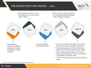 For updated information, please visit www.ibef.orgRoads37
IRB INFRASTRUCTURE LIMITED … (2/2)
Source: Company Annual Report, News articles, Aranca Research
 Was awarded a
contract for 1,086 lane
kilometres for a total
consideration of US$
1.5 billion
 4 laning of Beawer-
Gomti Road Project
 Was awarded an order for 1,129
lane kilometres for a total value of
US$ 1.5 billion
 Won a US$ 312 million contract for
the 6 laning Barwa-Adda-Panagarh
sector of National Highway 2
 Won a road contract worth US$ 216.7 million in
Botswana, through its subsidiary Elsamex SA
 Commercial operation of Warora Chandrapur
Ballarpur Bamni Road Project has been started
 Won a project to widen roads of 127 km long
Patna-Gaya-Dobhi section of NH 83 in Bihar for a
consideration of US$ 205 million
 In FY17, company’s revenues stood at US$ 931.5
million
2011 2015-17
201420132012
 
