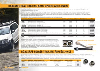 10
Roadsafe Rear Lower  Upper Trailing Arms are built tough, so when you bump them up against rocks  tough terrain, they won’t bend as much as the standard
arms. You’ve got to really give the Roadsafe ones a decent smack to get the 5mm wall thickness to buckle in. We’re not claiming Roadsafe arms are infallible,
there will always be a bloke who wants to hang his truck up by the lower rear arms with bending consequences, but for your average 4WD’er one set of Roadsafe
arms should see you through the life of your truck.
If your Rear Lower Trailing Arms have taken a knock, and resemble something a little bit bent, then it’s time for a new one! Your Rear Lower Trailing Arms on
Patrols  Cruisers should not look bent!
Manufactured to factory bush specifications  supplied complete with high flex rubber bushings.
Available in three lengths - Standard, 11mm longer than standard  16mm longer than
standard - Roadsafe Nissan Patrol Lower Trailing Arms have been designed not only to be
stronger than the genuine factory arms, but to also aid in pinion angle correction. These
are set as standard lengths, and not available as Adjustable, because strength really is
an issue on these lower arms. Being low and close to the ground, we want to avoid nuts
 threads that can get caught up... plus after the first run any exposed thread on a lower
adjustable arm is damaged anyway, so any further adjustability is no longer a viable option.
Choose the right arm for your vehicle...
STANDARD GENUINE
THIS IS NOT MEANT TO BE HERE
ROADSAFE HEAVY DUTY
Roadsafe Rear Trailing Arms uppers and Lowers
10 www.roadsafe.com.au
Arms are sold as “each”.
To supplement our range of standard front end lines Roadsafe have developed a range of rubber bushings suitable for 4WD Applications. Manufactured from Natural
Rubber, the Roadsafe rubber bushings offer longer wear characteristics, in addition to the ability to absorb minor vibrations and noise from neighbouring suspension parts.
Natural Rubber bushings are generally noise free in their own operation (when in good condition!).	
Designed to OE dimension specifications, Roadsafe Replacement Trailing Arm Bushings can be purchased to suit for a wide range of trailing arms.	
ROadSAFE RUbbER TRaILING ARM BushingS
Part Number Application Location Bushings OD (mm) Wall Thickness RRP
NISSAN
TANPB Nissan Patrol GQ-GU - Standard Length Lower S0498R 42 5.5 $145.00 ea
TANP11B Nissan Patrol GQ-GU - 11mm Extended 2” lift Lower S0498R 42 5.5 $145.00 ea
TANP16B Nissan Patrol GQ-GU - 16mm Extended 2-6” lift Lower S0498R 42 5.5 $145.00 ea
TANP43AB Nissan Patrol GQ-GU - Adjustable 2” lift Upper S0498R 34 6.5 $149.00 ea
TANP47AB Nissan Patrol GQ-GU - Adjustable  Bent for long range tank Upper S0498R 34 6.5 $145.00 ea
TOYOTA
TALCB Toyota Landcruiser 80,105 series - Standard Length Lower S0508R 42 5.5 $150.00 ea
TALC11B Toyota Landcruiser 80,105 series - 11mm Extended Lower S0508R 42 5.5 $150.00 ea
TALC43AB Toyota Landcruiser 80,105 series - Adjustable 2 lift Upper S0521R 34 5.75 $150.00 ea
TATOB
Toyota Prado 120 - 150 series. Landcruiser FJ, 200 Series. Hilux 4Runner 4th Gen
2/4WD Standard Length
Lower S0517R 42 5.5 $150.00 ea
OTHER
TALRB Landrover Defender, Discovery 1  Range Rover Lower n/a individually 35 5.15 $165.00 ea
Part Number Application - Rubber bushing to suit. Used in Roadsafe Trailing arm Replaces Genuine RRP
S0498R Nissan Patrol GQ-GU Rear Upper/Lower Trailing Arm all Patrol (TANP##) 55045-06J00 $25.00
S0508R Toyota Landcruiser 80/105 Rear Lower Trailing Arm TALCB/TALC11B 48702-60040 $25.00
S0517R Toyota FJ/120 Prado/Hilux Rear Lower Trailing Arm TATOB $35.00
S0521R Toyota Landcruiser 80/105 Rear Upper Trailing Arm TALC43AB 48702-60031 $25.00
 