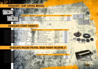 21
A range of Roadsafe Leaf Spring ‘Caster’ Wedges have been developed to suit for universal applications. Used on vehicles with front and rear leaf springs, Leaf Spring
Wedges aid in correcting the caster angle and work to eliminate driveshaft vibration issues. Roadsafe Leaf Spring Wedges are manufactured at 63mm wide, with
centre hole to allow for proper positioning in the spring pack  diff. It is recommended to fit a 3deg wedge to the front when using extended shackles, with wedges
also fitted to the rear where required. When fitting in the front the ‘thickest’ part of the wedge always goes toward the front of the vehicle. Roadsafe Leaf Spring
Wedges are available in 4 sizes offering caster correction of 1, 2, 3 or 4 degrees.
Roadsafe Leaf Spring Wedges
As part of our Roadsafe Rubber Bushing program (including
the Panhard Rod, Trailing Arm  Radius Arm bushings listed
previously), is a good range of 4WD specific Roadsafe
Rubber Strut Mounts to suit a wide variety of applications.
Manufactured from Natural Rubber, the Roadsafe rubber
bushings offer longer wear characteristics, in addition to the
ability to absorb minor vibrations and noise from neighbouring
suspension parts. Natural Rubber bushings are generally
noise free in their own operation (when in good condition!).
All Roadsafe rubber bushings are manufactured to OE
dimensions specifications, so should just press or bolt in to
factory or aftermarket components.
Genuine numbers used for reference purposes only. 	
Roadsafe STRUT MOUNTS
The Roadsafe Nissan Patrol Spare Wheel Rear Mount Assembly, is
supplied to suit GQ  GU Patrols. Initially the design was limited to GU,
but more recently we have added extra holes  mount points to make it
suitable for the GQ also! Basically the Bracket acts as a spacer sitting
between the door and the existing spare wheel mount carrier. As well
as spacing the bracket out from the door, it also allows it to be lifted up
to provide clearance between the spare  the rear step. All this spacing
means a larger spare wheel/tyre combination can be carried. Available
as an optional extra, designed to suit the bracket, is our Telescopic
Light Pole. A simple design, with minimal moving parts, allowing for the
fitment of one or two lights.
Roadsafe Nissan Patrol Rear Mount Assembly
Part Number Application Degree RRP
WEDGE4 Universal Caster Wedge 4mm 1 $35.00
WEDGE8 Universal Caster Wedge 8mm 2 $35.00
WEDGE10 Universal Caster Wedge 10mm 3 $35.00
WEDGE12 Universal Caster Wedge 12mm 4 $35.00
Part Number Application Replaces Genuine RRP
S0485R Toyota Prado 95 Series (LN185) 1996-07 48609-35030 $70.00
S0485R Toyota 4Runner 1996-02 48609-35030 $70.00
S0485R Holden Colorado RC / Dmax (Gen1) 48609-35030 $70.00
S0486R Toyota Hilux 05-on 48609-60010 $70.00
S0487R Toyota Landcruiser 200 Series 48609-60070 $70.00
S0488R Toyota Prado 120  150 Series 48609-60030 $70.00
S0488R Toyota 4Runner 2003-2009 48609-60030 $70.00
S0489R Nissan Navara D40  Pathfinder R51 $70.00
S0490R Ford PJ-PK Ranger / Mazda BT50 (Gen1) AB31-5415AC $70.00
S0491R Mitsubishi Pajero MN-MT MR448170 $80.00
S0492R Mitsubishi Triton ML (L200) MR992326 $80.00
Part Number Application RRP
GUWMA-V1 Nissan Patrol GU - Rear Wheel Mount Assembly $90.00
PATWMA Nissan Patrol GQ-GU - Rear Wheel Mount Assembly $90.00
PATWMLP Light Pole for Rear Wheel Mount Assembly $90.00
 