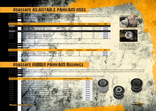 33Phone 1300 651 551Phone 1300 651 551
LEFT HAND DRIVE (LHD) versions for Patrol  Landcruiser also available. Supplied complete with high flex rubber bushings to suit for LHD
vehicles only. Rear panhards = same as RHD applications per previous.
To supplement our range of standard front end lines Roadsafe have developed a range of rubber bushings suitable for 4WD Applications. Manufactured from Natural Rubber, the Roadsafe rubber bushings
offer longer wear characteristics, in addition to the ability to absorb minor vibrations and noise from neighbouring suspension parts. Natural Rubber bushings are generally noise free in their own operation
(when in good condition!).
Designed to OE dimension specifications, Roadsafe Replacement Panhard Rod Bushings can be purchased to suit for a wide range of panhards.
Roadsafe ADJUSTABLE PANHARD RODS
Roadsafe RUBBER PANHARD Bushings
Some of the Roadsafe Adjustable Panhard Rods are also available with Polyurethane bushings. Some customers prefer the longevity of the poly for
these panhard applications. Many advantages can be found in urethane, over rubber. In the panhard application the poly bushings offer for greater load
deflection, higher load bearing capacity, low compression set  greater tear strength.
Note for Patrol Panhards. Where the Panhard
is secured using a cupped washer on the
Diff Mount - please ensure the washer faces
outwards (so it ‘cups’ away from the diff).
Do not have the ‘cup’ facing inwards.
RUBBER BUSHED OPTIONS
Part Number Application Location Bushing OD(mm) Wall Thickness RRP
APR004R-LHD Nissan Patrol GQ-GU1 - with front coils Front S0502R/0503R 30 solid $235.00
APR028-LHD Nissan Patrol GU2-on inc. SWIVEL BUSHING Front S0502R/0507R 33 solid $255.00
APR007R-LHD Toyota Landcruiser 80/105 series - with solid axle Front S0504R 30 solid $235.00
Part Number Application - Rubber bushing to suit Used in Roadsafe Panhard RRP
S0502R Nissan Patrol GQ-GU Front Panhard Diff End APR004R/005R APR028/029 $25.00
S0503R Nissan Patrol GQ Front Panhard Chassis End APR004R/APR005R $25.00
S0504R Toyota Landcruiser 80/105 Series Front Panhard APR007R $25.00
S0505R Toyota Landcruiser 80/105 Series Rear Panhard APR008R $25.00
S0507R Nissan Patrol GU Front Panhard Chassis End APR028/APR029 $75.00
S0516R Toyota Landcruiser 76/78/79 V8  6Cyl Front Panhard APR009/APR010 $25.00
S0518R Jeep Wrangler JK Front  Rear Panhard APR012/APR013 $25.00
S0520R Jeep Cherokee XJ, Grand Cherokee ZJ, Wrangler TJ Front Panhard APR001 $25.00
S0522R Toyota Landcruiser 200 Series Rear Panhard APR015 $25.00
S0523R Toyota FJ Cruiser, Prado 120, 4 Runner Rear Panhard APR014 $25.00
POLYURETHANE BUSHED OPTIONS
Part Number Application Location OD (mm) Wall Thickness RRP
NISSAN
APR004 Nissan Patrol GQ-GU1 - with front coils Front 30 solid $235.00
APR005 Nissan Patrol GQ-GU1 - with rear coils Rear 30 solid $235.00
TOYOTA
APR006 Toyota Hilux 130 Series Rear 27 solid $340.00
APR007 Toyota Landcruiser 80/105 series - with solid axle Front 30 solid $235.00
APR008 Toyota Landcruiser 80/105 series - with solid axle Rear 30 solid $235.00
APR011 Toyota Landcruiser 100 series IFS Rear 30 solid $235.00
 