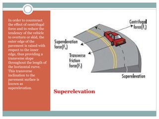 Superelevation 
In order to counteract 
the effect of centrifugal 
force and to reduce the 
tendency of the vehicle 
to overturn or skid, the 
outer edge of the 
pavement is raised with 
respect to the inner 
edge, thus providing a 
transverse slope 
throughout the length of 
the horizontal curve. 
This transverse 
inclination to the 
pavement surface is 
known as 
superelevation. 
 