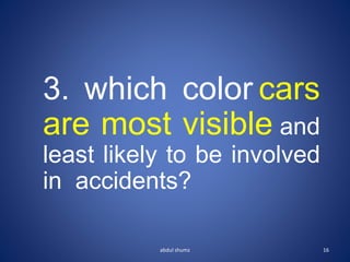 3. which color cars
are most visible and
least likely to be involved
in accidents?
16
abdul shumz
 