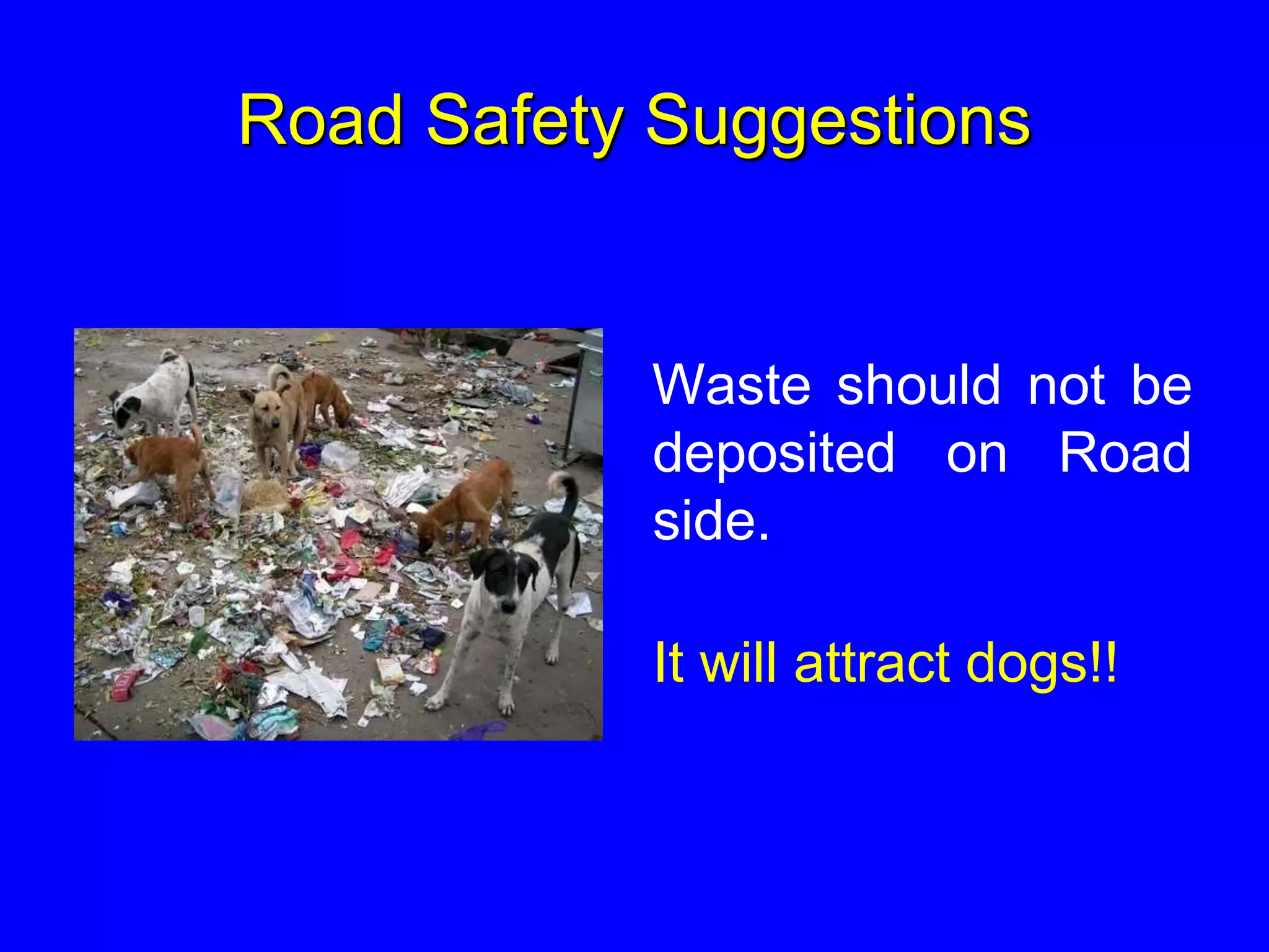 Road Safety Suggestions
Waste should not be
deposited on Road
side.
It will attract dogs!!
 