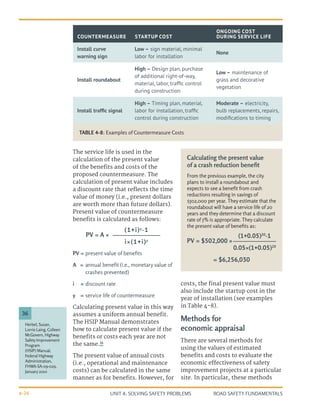 UNIT 4: SOLVING SAFETY PROBLEMS ROAD SAFETY FUNDAMENTALS
4-26
i×(1+i)y
The service life is used in the
calculation of the present value
of the benefits and costs of the
proposed countermeasure. The
calculation of present value includes
a discount rate that reflects the time
value of money (i.e., present dollars
are worth more than future dollars).
Present value of countermeasure
benefits is calculated as follows:
costs, the final present value must
also include the startup cost in the
year of installation (see examples
in Table 4-8).
Methods for
economic appraisal
There are several methods for
using the values of estimated
benefits and costs to evaluate the
economic effectiveness of safety
improvement projects at a particular
site. In particular, these methods
TABLE 4-8: Examples of Countermeasure Costs
COUNTERMEASURE STARTUP COST
ONGOING COST
DURING SERVICE LIFE
Install curve
warning sign
Low – sign material, minimal
labor for installation
None
Install roundabout
High – Design plan, purchase
of additional right-of-way,
material, labor, traffic control
during construction
Low – maintenance of
grass and decorative
vegetation
Install traffic signal
High – Timing plan, material,
labor for installation, traffic
control during construction
Moderate – electricity,
bulb replacements, repairs,
modifications to timing
PV = 	
present value of benefits
A = 	annual benefit (i.e., monetary value of
crashes prevented)
i = 	
discount rate
y = 	service life of countermeasure
Calculating present value in this way
assumes a uniform annual benefit.
The HSIP Manual demonstrates
how to calculate present value if the
benefits or costs each year are not
the same.36
The present value of annual costs
(i.e., operational and maintenance
costs) can be calculated in the same
manner as for benefits. However, for
(1+i)y
-1
PV = A ×
Herbel, Susan,
Lorrie Laing, Colleen
McGovern, Highway
Safety Improvement
Program
(HSIP) Manual,
Federal Highway
Administration,
FHWA-SA-09-029,
January 2010
36
Calculating the present value
of a crash reduction benefit
From the previous example, the city
plans to install a roundabout and
expects to see a benefit from crash
reductions resulting in savings of
$502,000 per year. They estimate that the
roundabout will have a service life of 20
years and they determine that a discount
rate of 5% is appropriate. They calculate
the present value of benefits as:
0.05×(1+0.05)20
(1+0.05)20
-1
PV = $502,000 ×
= $6,256,030
 