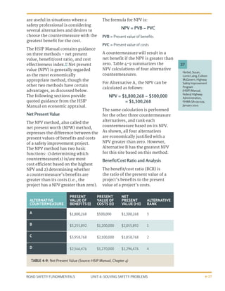 UNIT 4: SOLVING SAFETY PROBLEMS
ROAD SAFETY FUNDAMENTALS 4-27
are useful in situations where a
safety professional is considering
several alternatives and desires to
choose the countermeasure with the
greatest benefit for the cost.
The HSIP Manual contains guidance
on three methods - net present
value, benefit/cost ratio, and cost
effectiveness index.37
Net present
value (NPV) is generally regarded
as the most economically
appropriate method, though the
other two methods have certain
advantages, as discussed below.
The following sections provide
quoted guidance from the HSIP
Manual on economic appraisal.
Net Present Value
The NPV method, also called the
net present worth (NPW) method,
expresses the difference between the
present values of benefits and costs
of a safety improvement project.
The NPV method has two basic
functions: 1) determining which
countermeasure(s) is/are most
cost efficient based on the highest
NPV and 2) determining whether
a countermeasure’s benefits are
greater than its costs (i.e., the
project has a NPV greater than zero).
The formula for NPV is:
NPV = PVB − PVC
PVB = Present value of benefits
PVC = Present value of costs
A countermeasure will result in a
net benefit if the NPV is greater than
zero. Table 4-9 summarizes the
NPV calculations of four alternative
countermeasures.
For Alternative A, the NPV can be
calculated as follows:
NPV = $1,800,268 − $500,000
= $1,300,268
The same calculation is performed
for the other three countermeasure
alternatives, and rank each
countermeasure based on its NPV.
As shown, all four alternatives
are economically justified with a
NPV greater than zero. However,
Alternative B has the greatest NPV
for this site based on this method.
Benefit/Cost Ratio and Analysis
The benefit/cost ratio (BCR) is
the ratio of the present value of a
project’s benefits to the present
value of a project’s costs.
Herbel, Susan,
Lorrie Laing, Colleen
McGovern, Highway
Safety Improvement
Program
(HSIP) Manual,
Federal Highway
Administration,
FHWA-SA-09-029,
January 2010.
37
ALTERNATIVE
COUNTERMEASURE
PRESENT
VALUE OF
BENEFITS (I)
PRESENT
VALUE OF
COSTS (II)
NET
PRESENT
VALUE (I-II)
ALTERNATIVE
RANK
A $1,800,268 $500,000 $1,300,268 3
B $3,255,892 $1,200,000 $2,055,892 1
C $3,958,768 $2,100,000 $1,858,768 2
D $2,566,476 $1,270,000 $1,296,476 4
TABLE 4-9: Net Present Value (Source: HSIP Manual, Chapter 4)
 