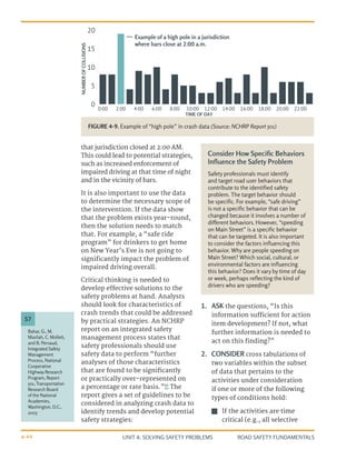 UNIT 4: SOLVING SAFETY PROBLEMS ROAD SAFETY FUNDAMENTALS
4-44
that jurisdiction closed at 2:00 AM.
This could lead to potential strategies,
such as increased enforcement of
impaired driving at that time of night
and in the vicinity of bars.
It is also important to use the data
to determine the necessary scope of
the intervention. If the data show
that the problem exists year-round,
then the solution needs to match
that. For example, a “safe ride
program” for drinkers to get home
on New Year’s Eve is not going to
significantly impact the problem of
impaired driving overall.
Critical thinking is needed to
develop effective solutions to the
safety problems at hand. Analysts
should look for characteristics of
crash trends that could be addressed
by practical strategies. An NCHRP
report on an integrated safety
management process states that
safety professionals should use
safety data to perform “further
analyses of those characteristics
that are found to be signiﬁcantly
or practically over-represented on
a percentage or rate basis.”57
The
report gives a set of guidelines to be
considered in analyzing crash data to
identify trends and develop potential
safety strategies:
1.	 ASK the questions, “Is this
information sufficient for action
item development? If not, what
further information is needed to
act on this ﬁnding?”
2.	 CONSIDER cross tabulations of
two variables within the subset
of data that pertains to the
activities under consideration
if one or more of the following
types of conditions hold:
J
J If the activities are time
critical (e.g., all selective
0
5
10
15
20
22:00
20:00
18:00
16:00
14:00
12:00
10:00
8:00
6:00
4:00
2:00
0:00
Example of a high pole in a jurisdiction
where bars close at 2:00 a.m.
NUMBER
OF
COLLISIONS
TIME OF DAY
FIGURE 4-9. Example of “high pole” in crash data (Source: NCHRP Report 501)
Consider How Specific Behaviors
Influence the Safety Problem
Safety professionals must identify
and target road user behaviors that
contribute to the identified safety
problem. The target behavior should
be specific. For example, “safe driving”
is not a specific behavior that can be
changed because it involves a number of
different behaviors. However, “speeding
on Main Street” is a specific behavior
that can be targeted. It is also important
to consider the factors influencing this
behavior. Why are people speeding on
Main Street? Which social, cultural, or
environmental factors are influencing
this behavior? Does it vary by time of day
or week, perhaps reflecting the kind of
drivers who are speeding?
Bahar, G., M.
Masliah, C. Mollett,
and B. Persaud,
Integrated Safety
Management
Process, National
Cooperative
Highway Research
Program, Report
501, Transportation
Research Board
of the National
Academies,
Washington, D.C.,
2003
57
 