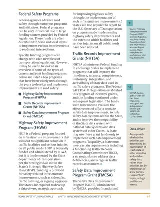 UNIT 5: IMPLEMENTING ROAD SAFETY EFFORTS
ROAD SAFETY FUNDAMENTALS 5-5
Federal Safety Programs
Federal agencies advance road
safety through numerous programs
and initiatives. Federal programs
can be very influential due to large
funding sources provided by Federal
legislation. These funds are often
distributed to State and local levels
to implement various improvements
to roads and intersections.
Specific funding programs can
change with each new piece of
transportation legislation. However,
it may be useful to look at an
overview of some of the types of
current and past funding programs.
Below are listed a few programs
that have been widely used through
the years to develop and implement
improvements to road safety:
J
J Highway Safety Improvement
Program (FHWA)
J
J Traffic Records Improvement
Grants (NHTSA)
J
J Safety Data Improvement Program
Grant (FMCSA)
Highway Safety Improvement
Program (FHWA)
HSIP is a Federal program focused
on infrastructure improvements that
will lead to significant reduction in
traffic fatalities and serious injuries
on all public roads. HSIP is Federally
funded and administered by FHWA,
but it is implemented by the State
departments of transportation
per the strategies laid out in the
State’s Strategic Highway Safety
Plan (SHSP). Funding is provided
for safety-related infrastructure
improvements, such as sidewalks,
traffic calming, or signing upgrades.
The States are required to develop
a data-driven, strategic approach
for improving highway safety
through the implementation of
such infrastructure improvements.9
States are also required to report to
the U.S. Secretary of Transportation
on progress made implementing
highway safety improvements and
the extent to which fatalities and
serious injuries on all public roads
have been reduced.
Traffic Records Improvement
Grants (NHTSA)
NHTSA administers Federal funding
to encourage States to implement
programs that will improve the
timeliness, accuracy, completeness,
uniformity, integration, and
accessibility of State data used in
traffic safety programs. The Federal
SAFETEA-LU legislation established
this program of incentive grants,
and the funding continued under
subsequent legislation. The funds
were to be used to evaluate the
effectiveness of efforts to make
safety data improvements, to link
safety data systems within the State,
and to improve the compatibility
of the State data system with
national data systems and data
systems of other States. A State
may use these grant funds only to
implement such data improvement
programs. To qualify, a State must
meet certain requirements including
a functioning Traffic Records
Coordinating Committee (TRCC),
a strategic plan to address data
deficiencies, and a regular traffic
records assessment.10
Safety Data Improvement
Program Grant (FMCSA)
The Safety Data Improvement
Program (SaDIP), administered
by FMCSA, provides financial and
Data-driven
An approach
of which the
priorities are
determined by
examination of
crash data or
other objective
and reliable
safety data,
rather than
priorities set by
preferences of
a few parties,
current “hot”
topics, or high
profile rare
events.
Source: “Highway
Safety Improvement
Program (HSIP),”
accessed August 12,
2013, http://safety.
fhwa.dot.gov/hsip/
and “HSIP History,”
accessed August
12, 2013, http://
safety.fhwa.dot.
gov/hsip/gen_info/
hsip_history.cfm.
NHTSA, Section
408 SAFETEA-LU
Fact Sheet,
https://one.
nhtsa.gov/Laws-
&-Regulations/
Section-408-
SAFETEA%
E2%80%93
LU-Fact-Sheet
9
10
 
