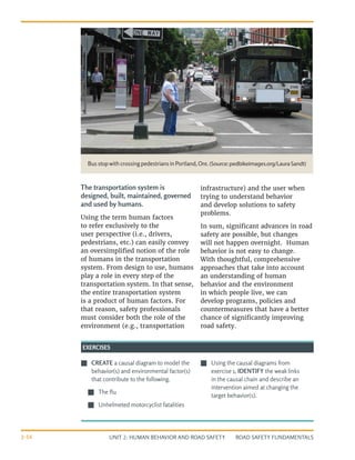 UNIT 2: HUMAN BEHAVIOR AND ROAD SAFETY ROAD SAFETY FUNDAMENTALS
2-16
The transportation system is
designed, built, maintained, governed
and used by humans.
Using the term human factors
to refer exclusively to the
user perspective (i.e., drivers,
pedestrians, etc.) can easily convey
an oversimplified notion of the role
of humans in the transportation
system. From design to use, humans
play a role in every step of the
transportation system. In that sense,
the entire transportation system
is a product of human factors. For
that reason, safety professionals
must consider both the role of the
environment (e.g., transportation
infrastructure) and the user when
trying to understand behavior
and develop solutions to safety
problems.
In sum, significant advances in road
safety are possible, but changes
will not happen overnight. Human
behavior is not easy to change.
With thoughtful, comprehensive
approaches that take into account
an understanding of human
behavior and the environment
in which people live, we can
develop programs, policies and
countermeasures that have a better
chance of significantly improving
road safety.
J
J CREATE a causal diagram to model the
behavior(s) and environmental factor(s)
that contribute to the following.
J
J The flu
J
J Unhelmeted motorcyclist fatalities
J
J Using the causal diagrams from
exercise 1, IDENTIFY the weak links
in the causal chain and describe an
intervention aimed at changing the
target behavior(s).
EXERCISES
Bus stop with crossing pedestrians in Portland, Ore. (Source:pedbikeimages.org/LauraSandt)
 